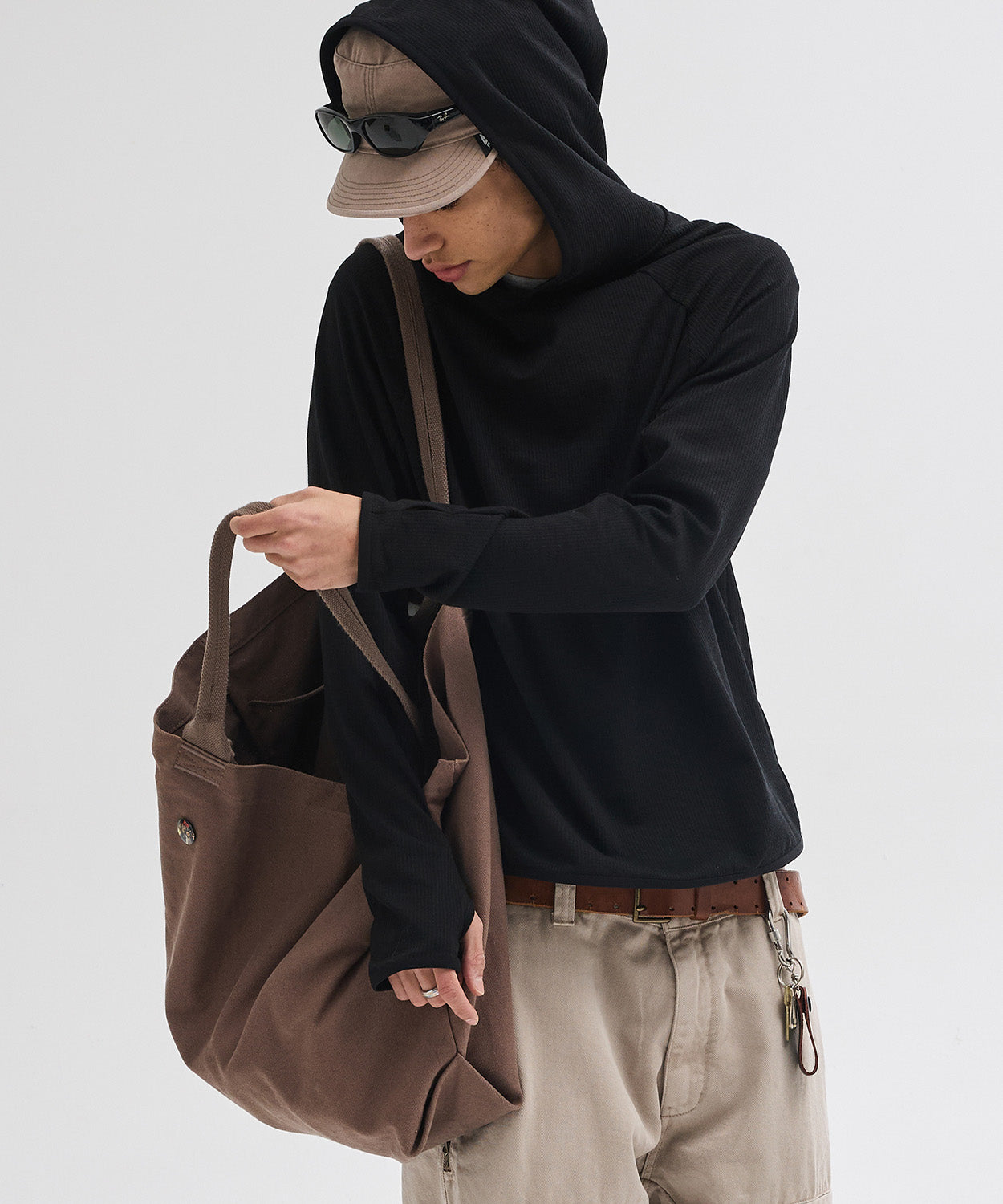 Ribbed Hooded Long Sleeve T-Shirt [Black]