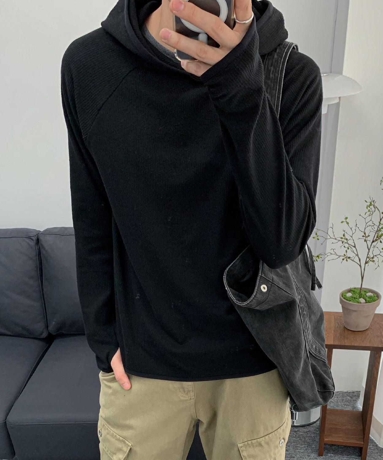 Ribbed Hooded Long Sleeve T-Shirt [Black]