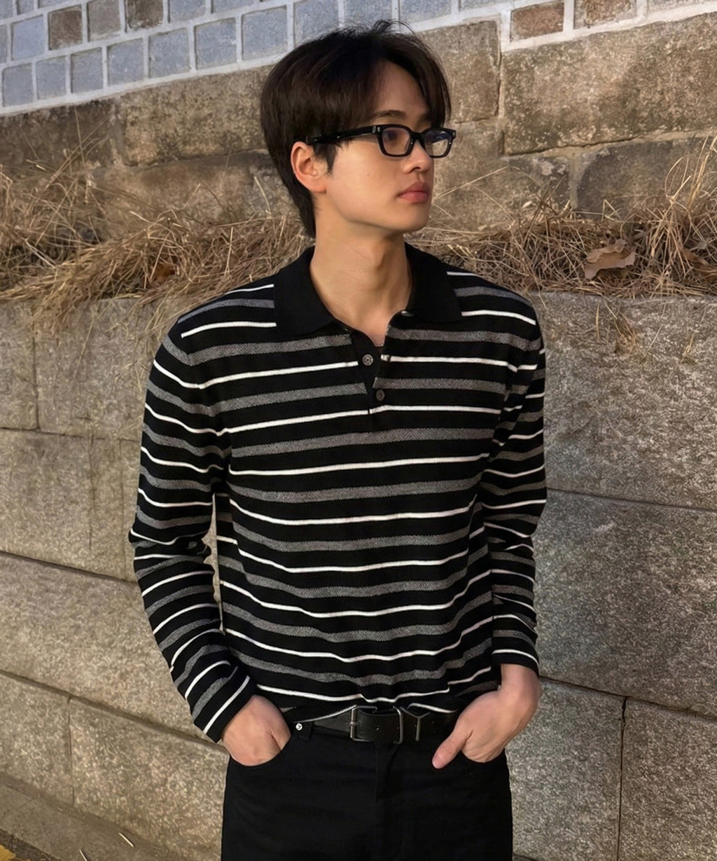 Multi Stripe Collar Crop Knit [Black]