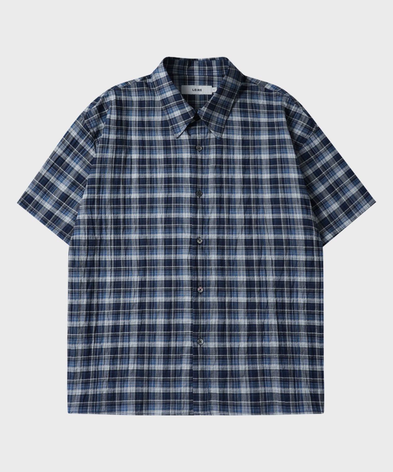 Seersucker Check Crop Short Sleeve Shirt [Blue]