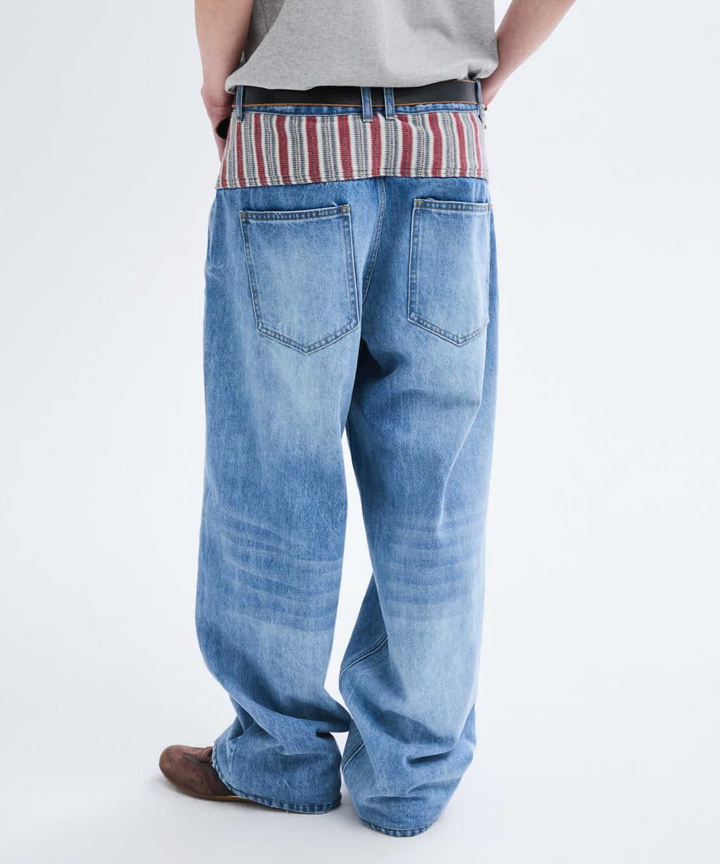 Panel Point Curved Denim Pants [Blue]
