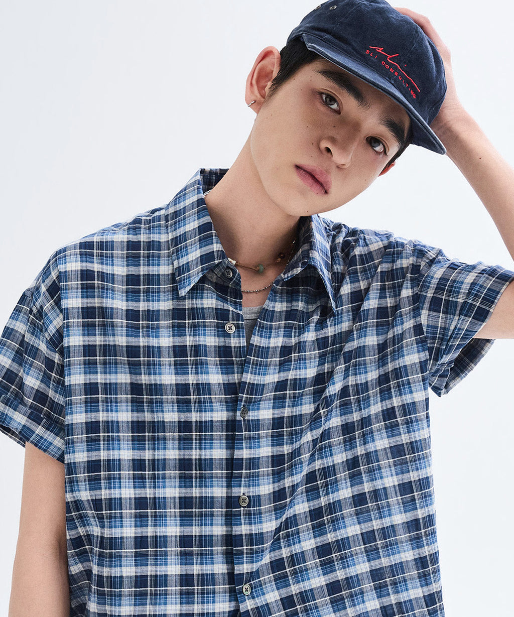 Seersucker Check Crop Short Sleeve Shirt [Blue]