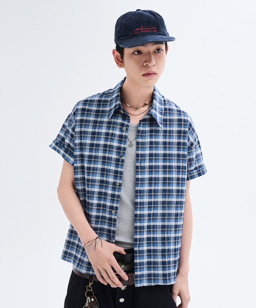 Seersucker Check Crop Short Sleeve Shirt [Blue]