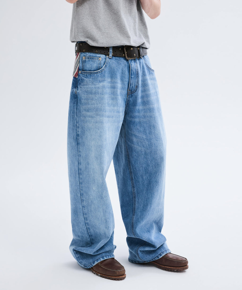 Panel Point Curved Denim Pants [Blue]