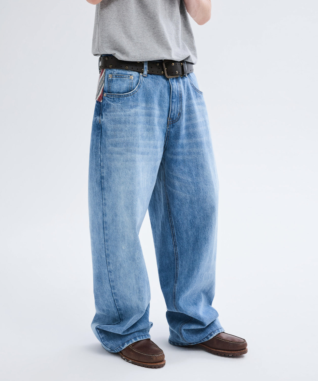 Panel Point Curved Denim Pants [Blue]