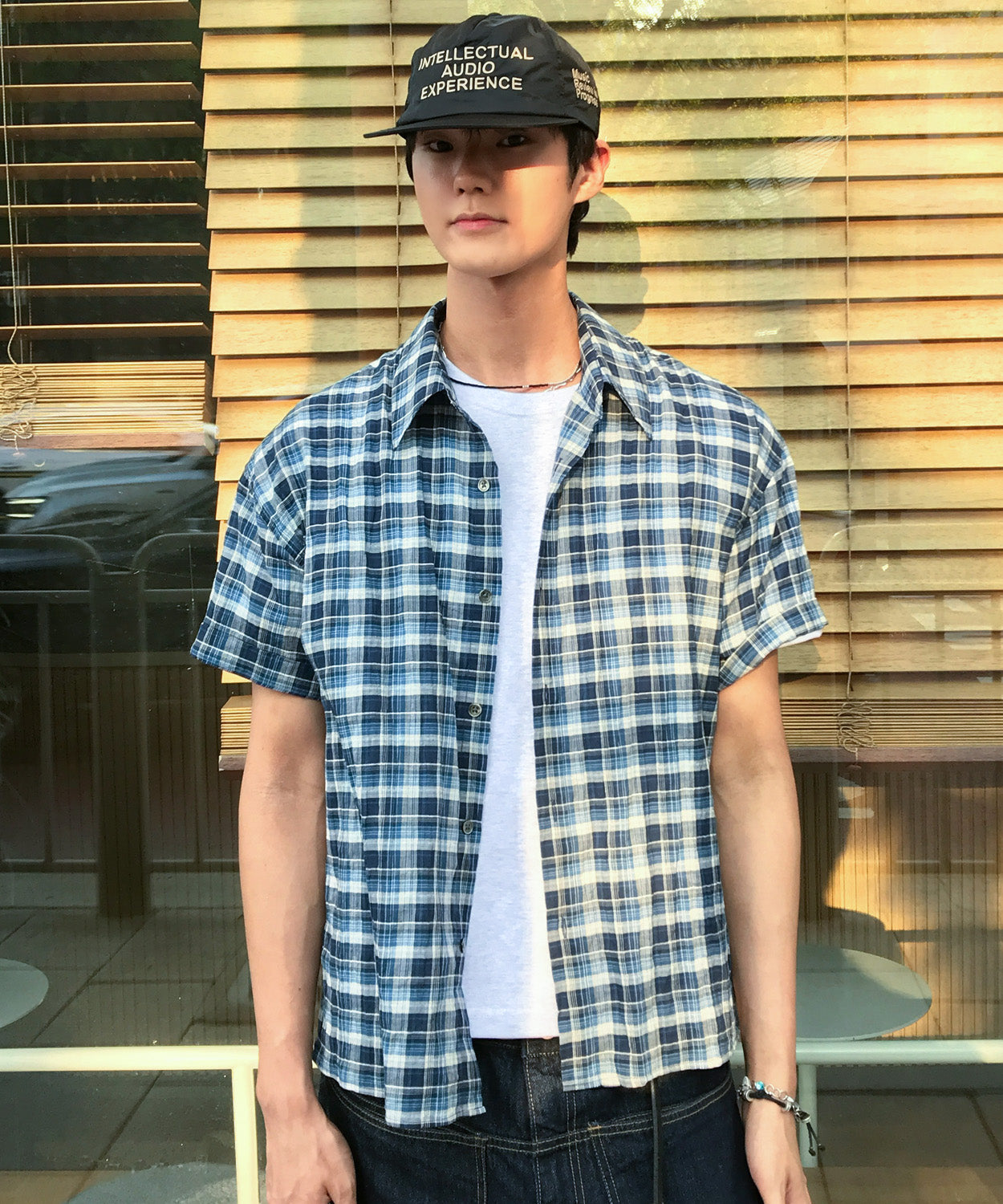 Seersucker Check Crop Short Sleeve Shirt [Blue]