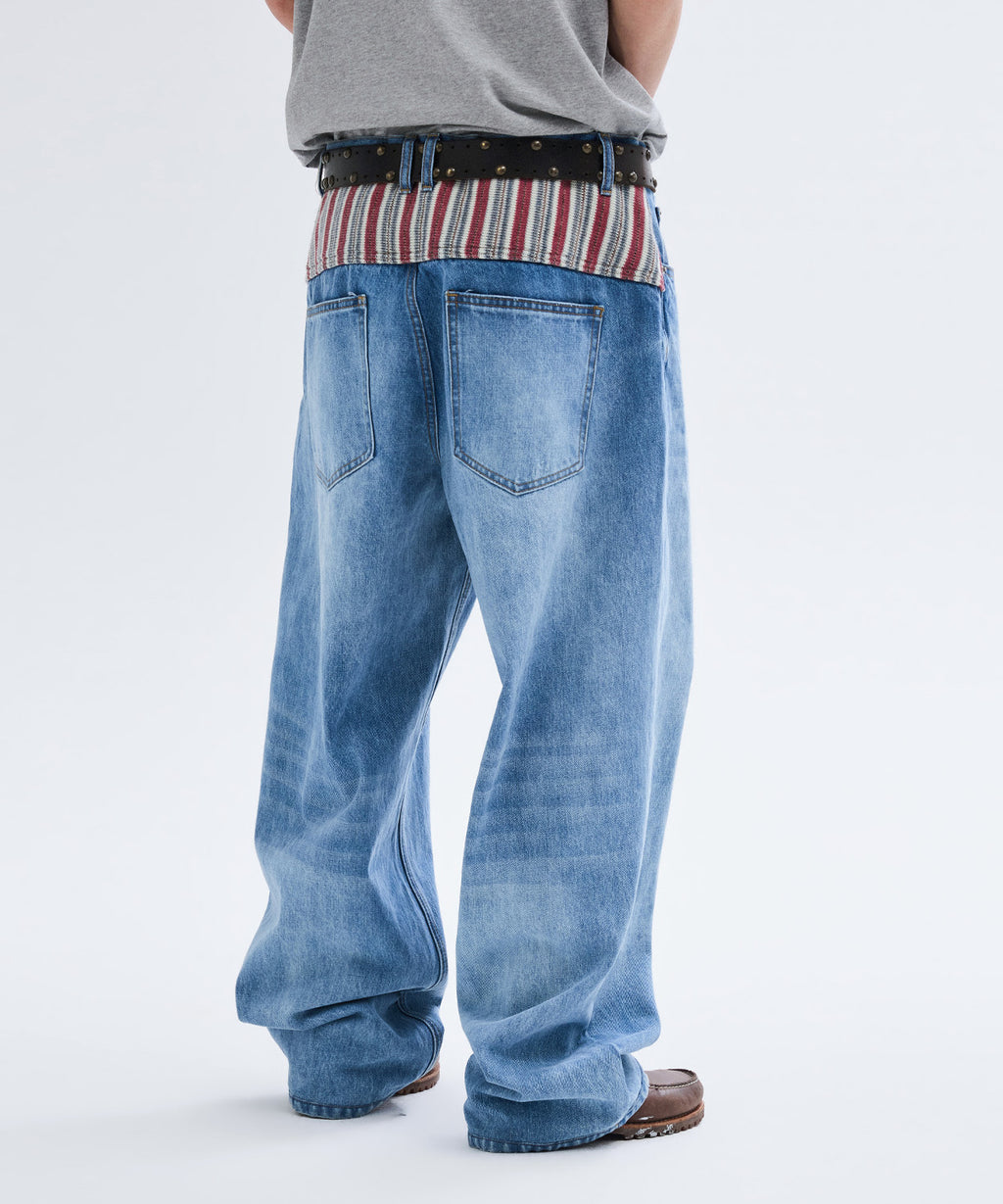 Panel Point Curved Denim Pants [Blue]