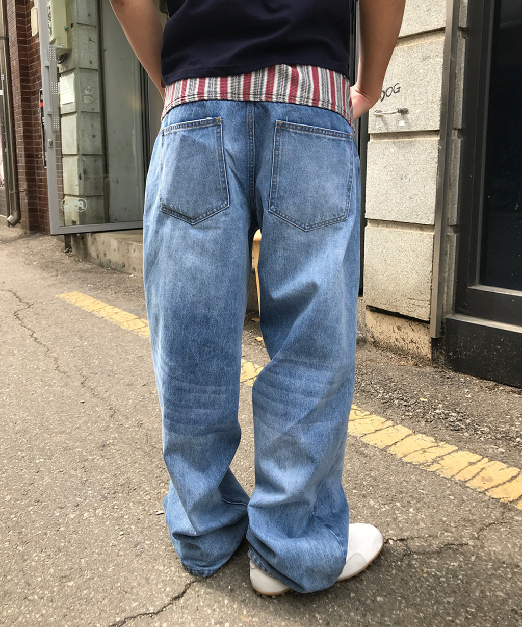 Panel Point Curved Denim Pants [Blue]
