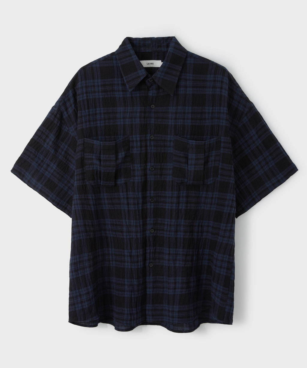 Two-Pocket Wrinkle Check Short Sleeve Shirt [Blue]