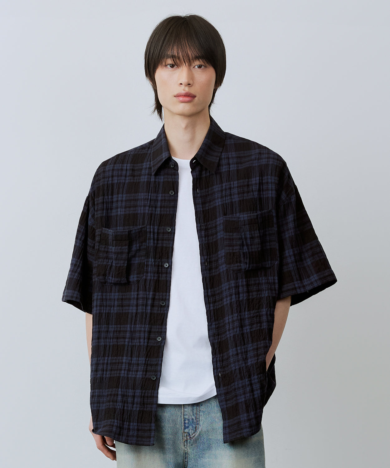 Two-Pocket Wrinkle Check Short Sleeve Shirt [Blue]