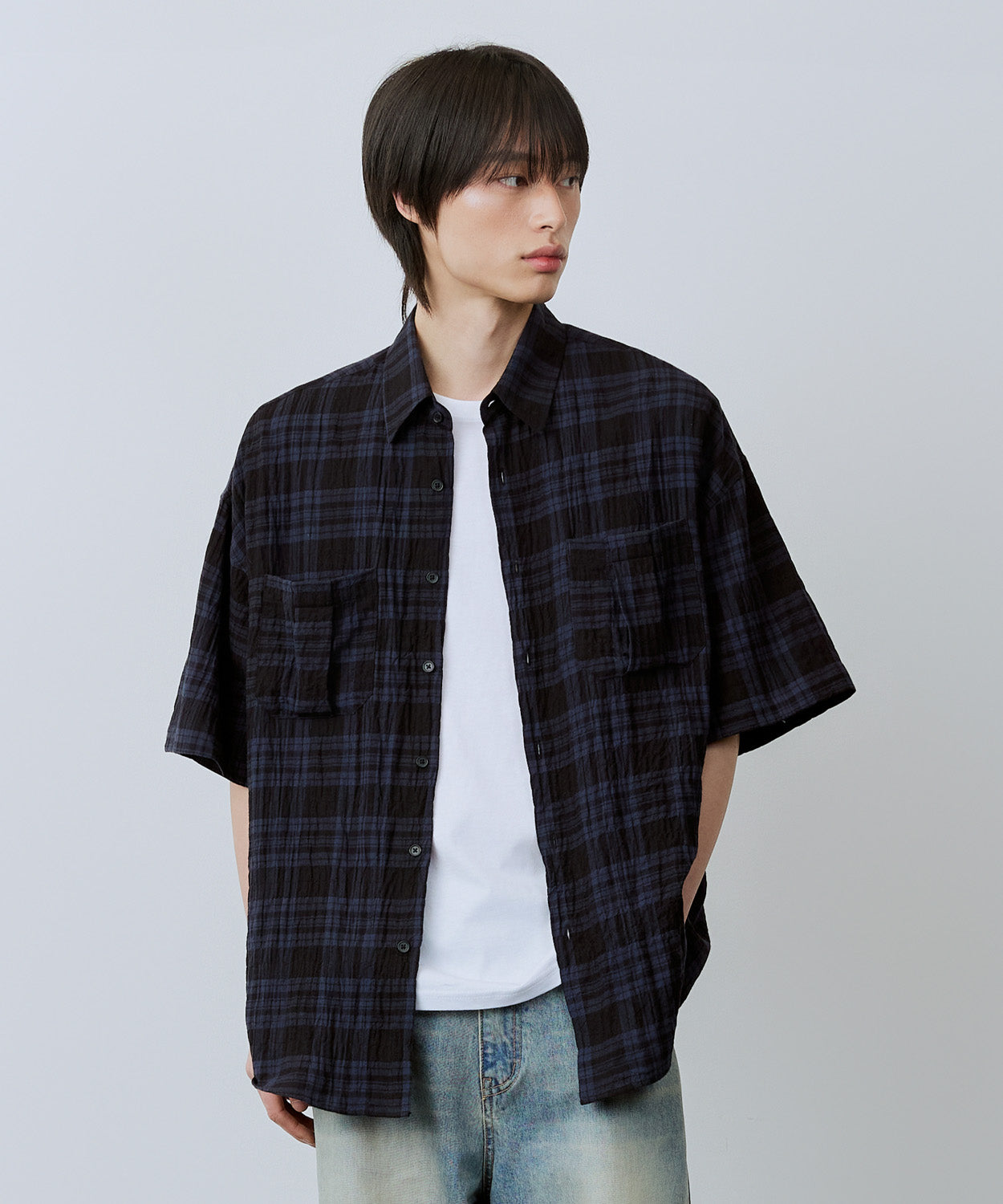 Two-Pocket Wrinkle Check Short Sleeve Shirt [Blue]