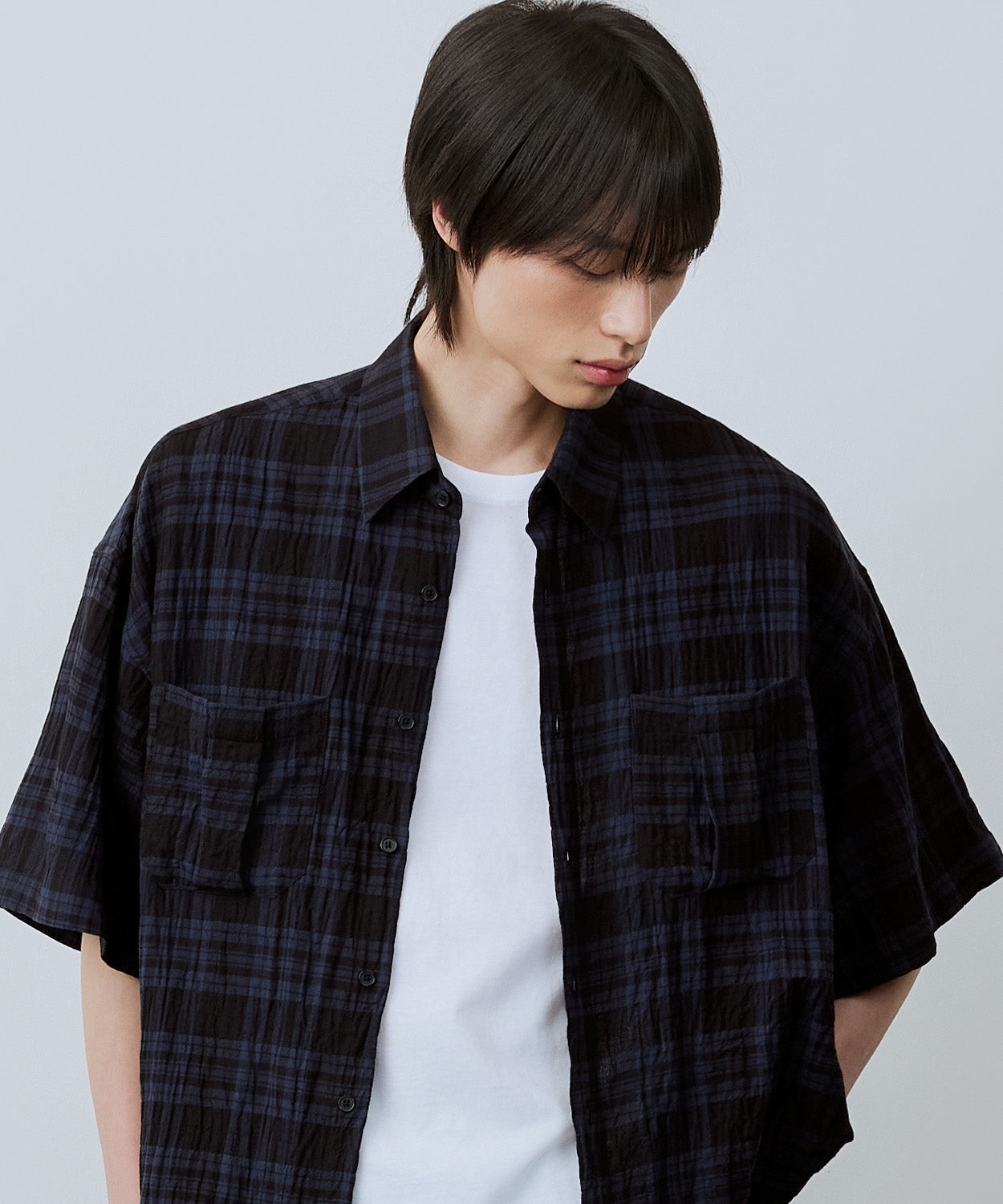 Two-Pocket Wrinkle Check Short Sleeve Shirt [Blue]