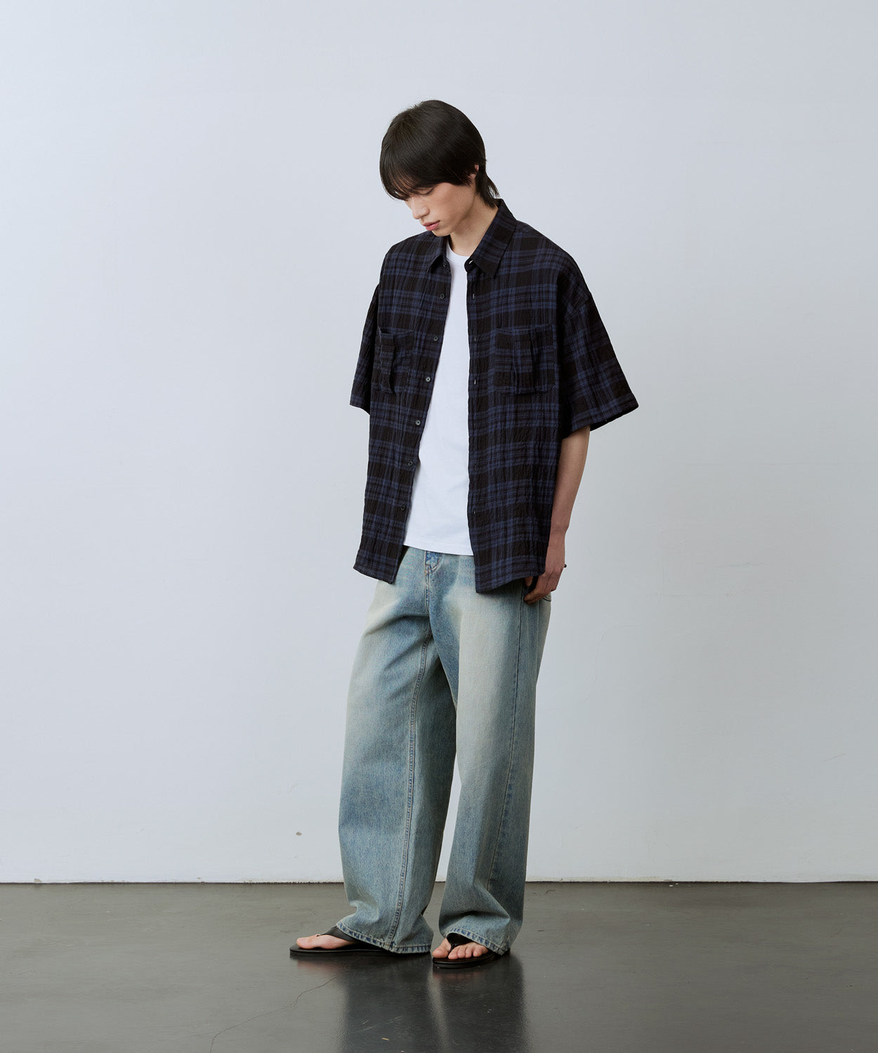 Two-Pocket Wrinkle Check Short Sleeve Shirt [Blue]