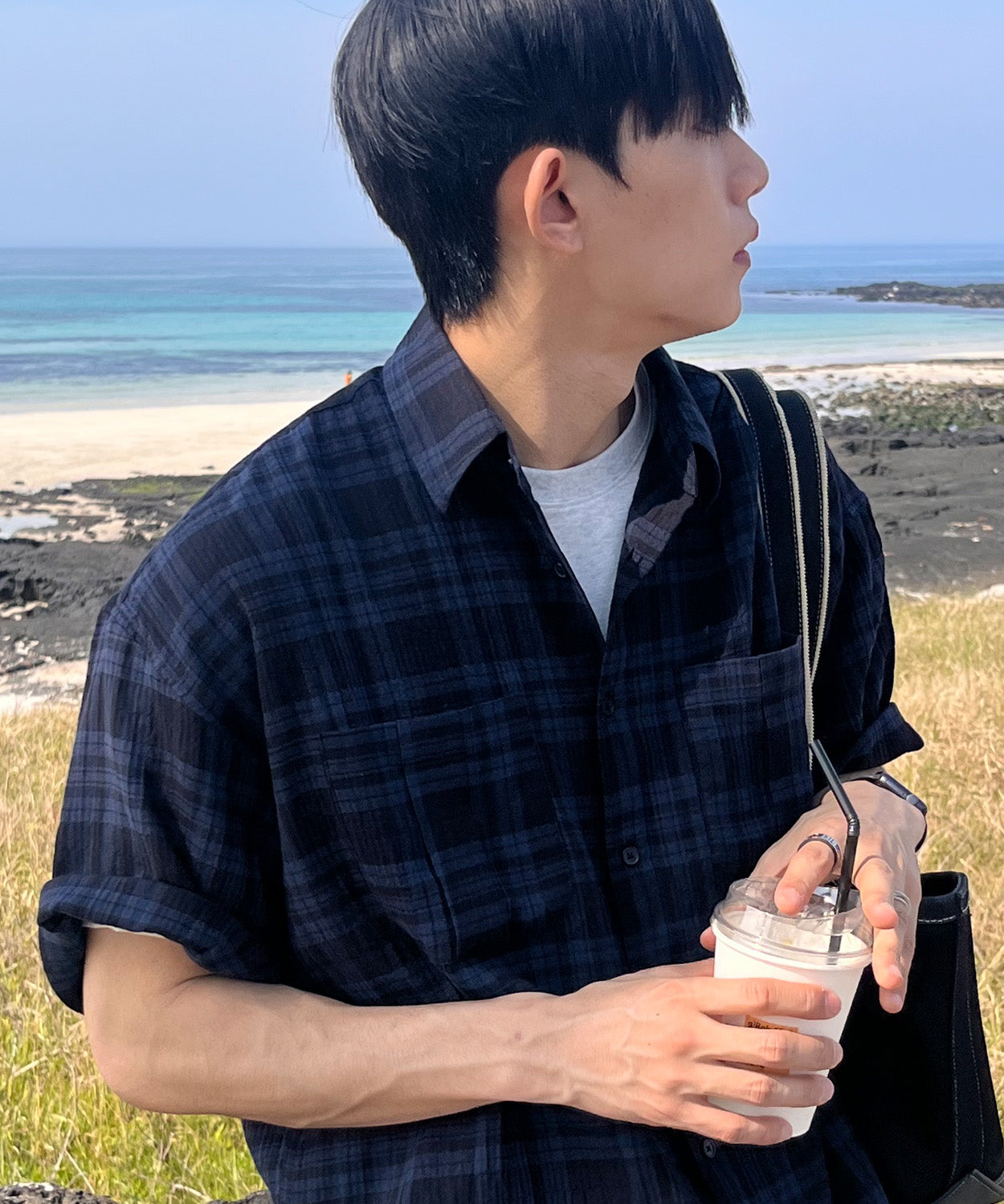 Two-Pocket Wrinkle Check Short Sleeve Shirt [Blue]