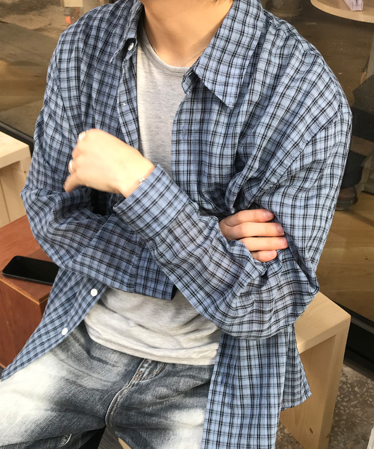 Essential Seersucker Check Shirt [Blue]