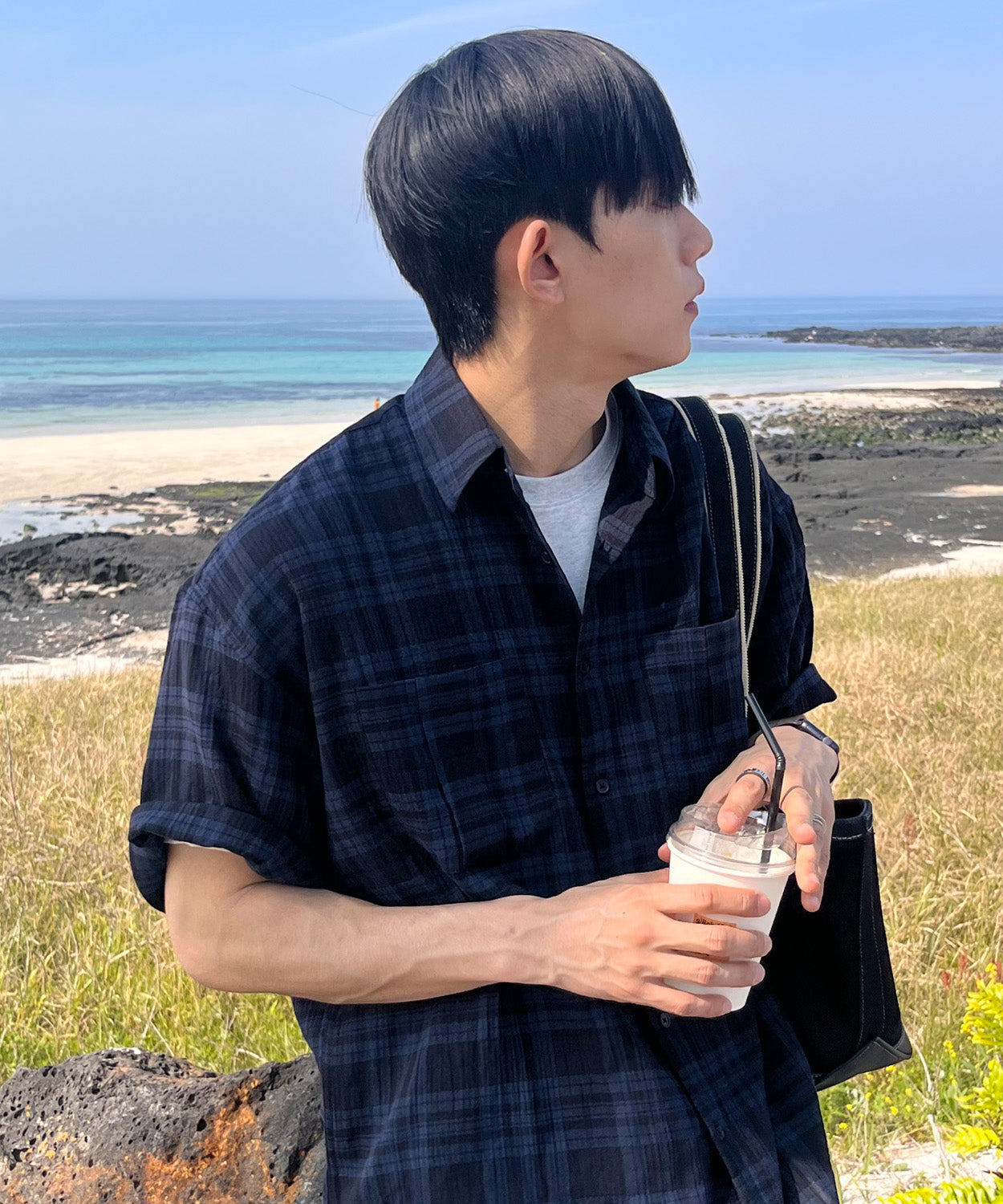 Two-Pocket Wrinkle Check Short Sleeve Shirt [Blue]