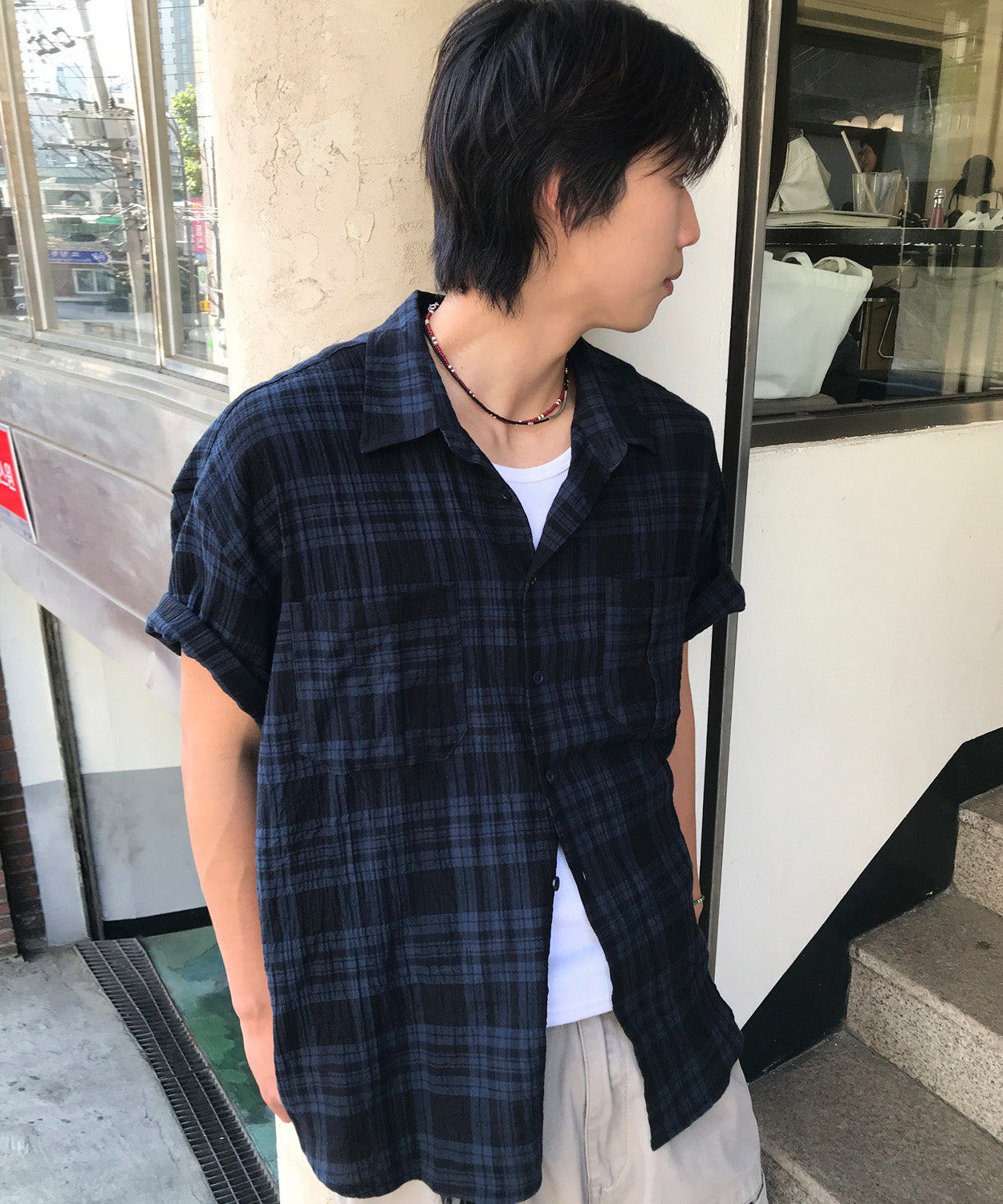 Two-Pocket Wrinkle Check Short Sleeve Shirt [Blue]