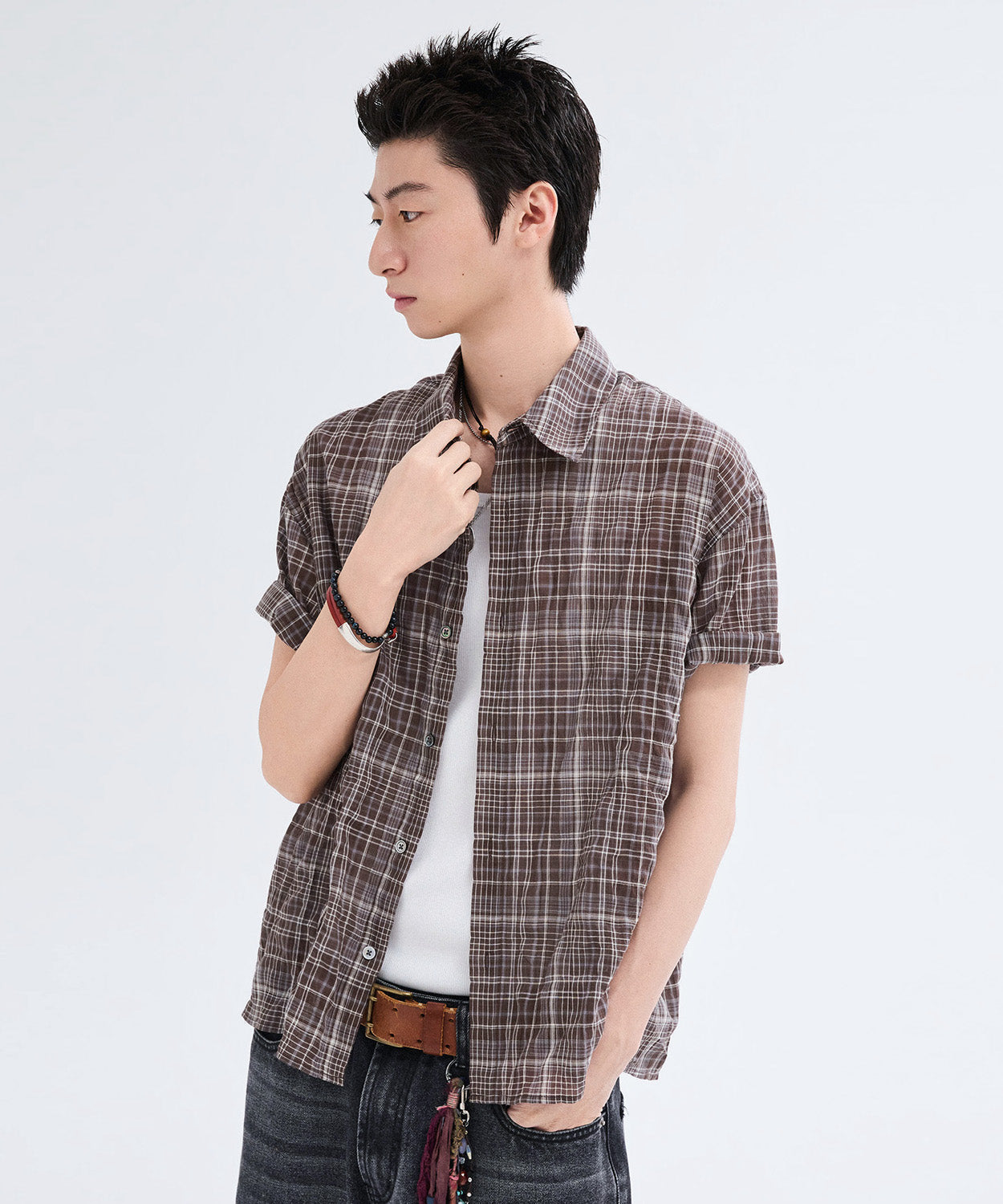 Vintage Wrinkle Check Short Sleeve Shirt [Brown]