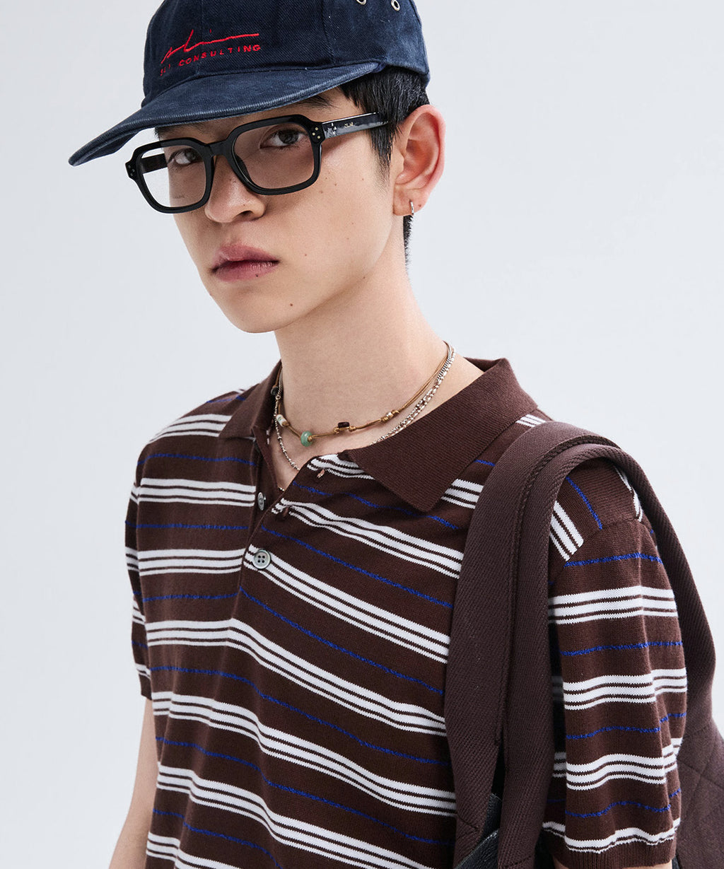 Stripe Collar Short Sleeve Crop Knit [Brown]
