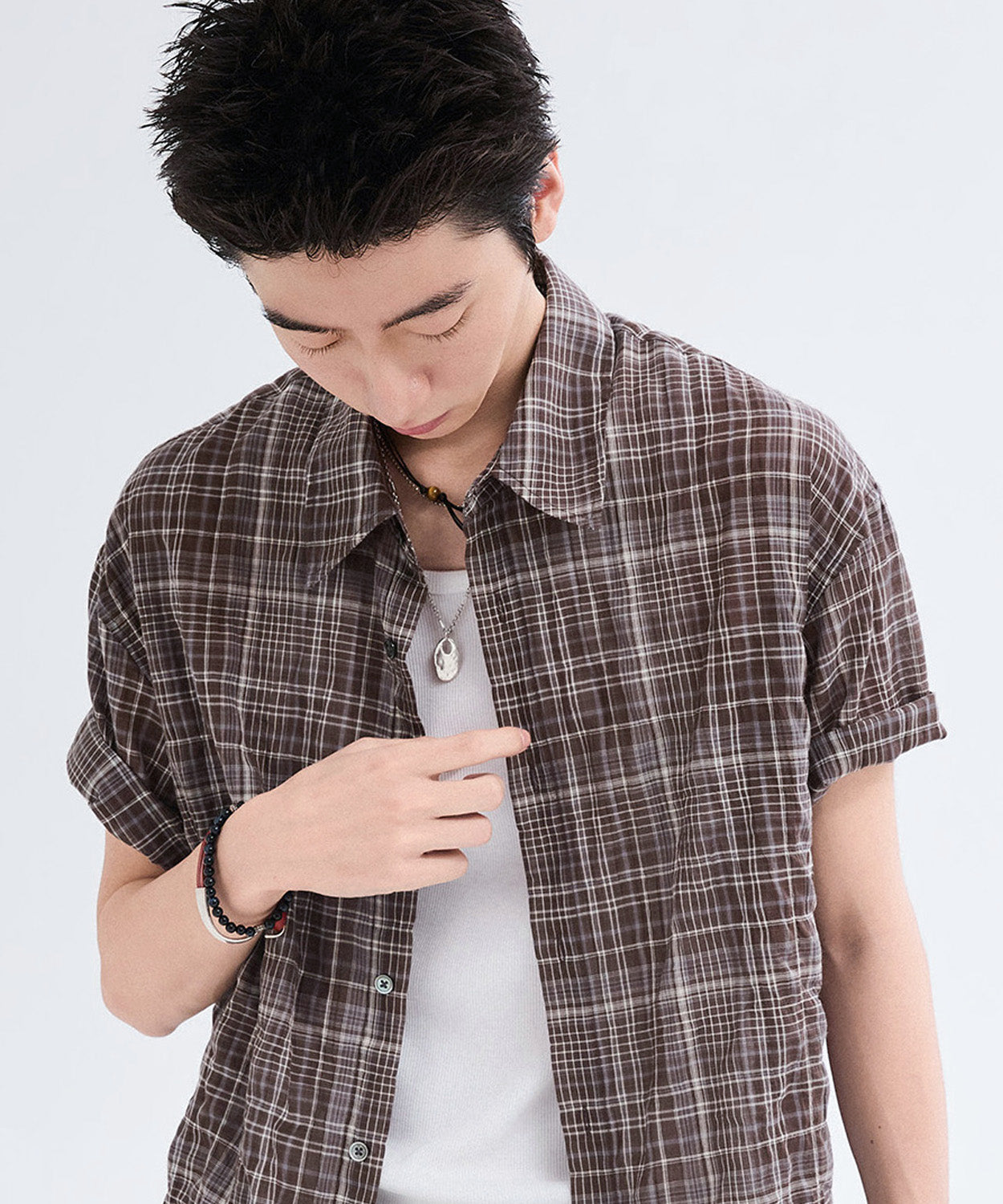 Vintage Wrinkle Check Short Sleeve Shirt [Brown]