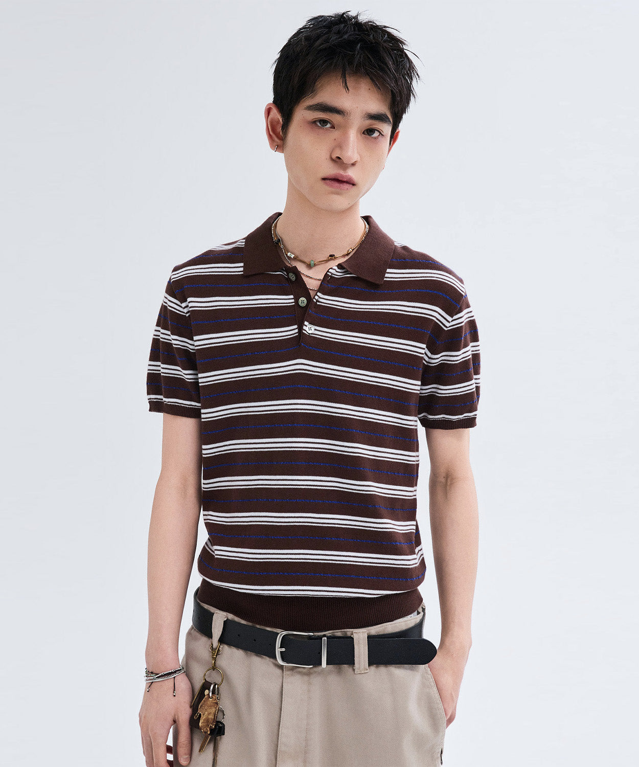 Stripe Collar Short Sleeve Crop Knit [Brown]