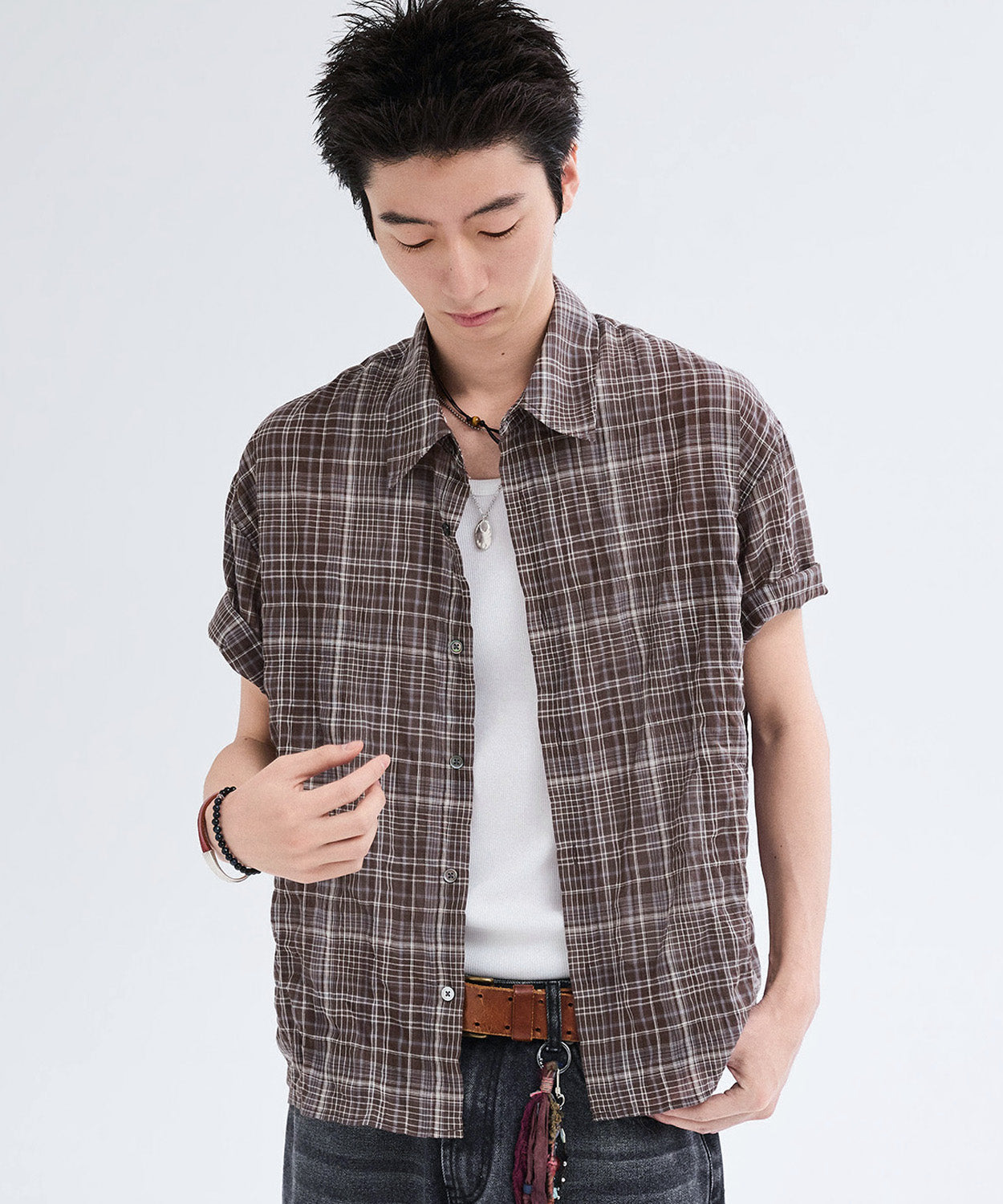 Vintage Wrinkle Check Short Sleeve Shirt [Brown]