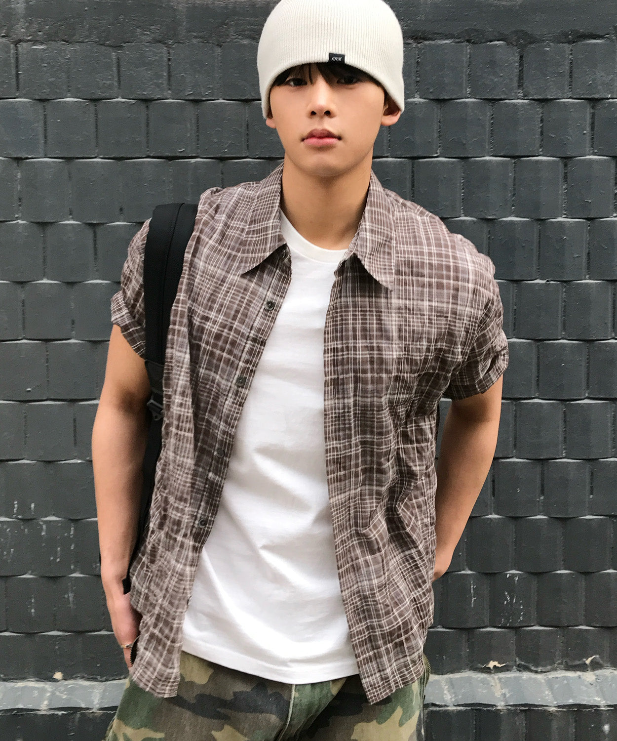 Vintage Wrinkle Check Short Sleeve Shirt [Brown]