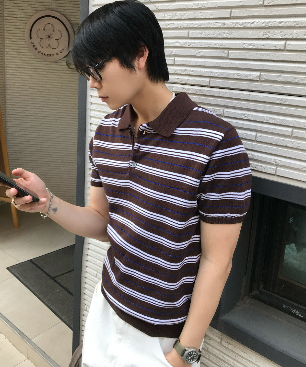 Stripe Collar Short Sleeve Crop Knit [Brown]
