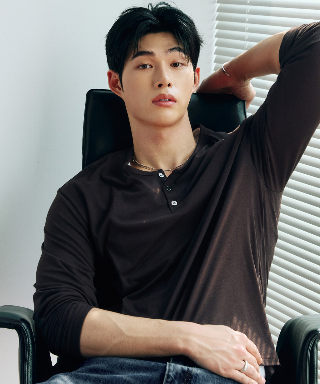 Soft Henley Neck Long Sleeve T-Shirt [Brown]
