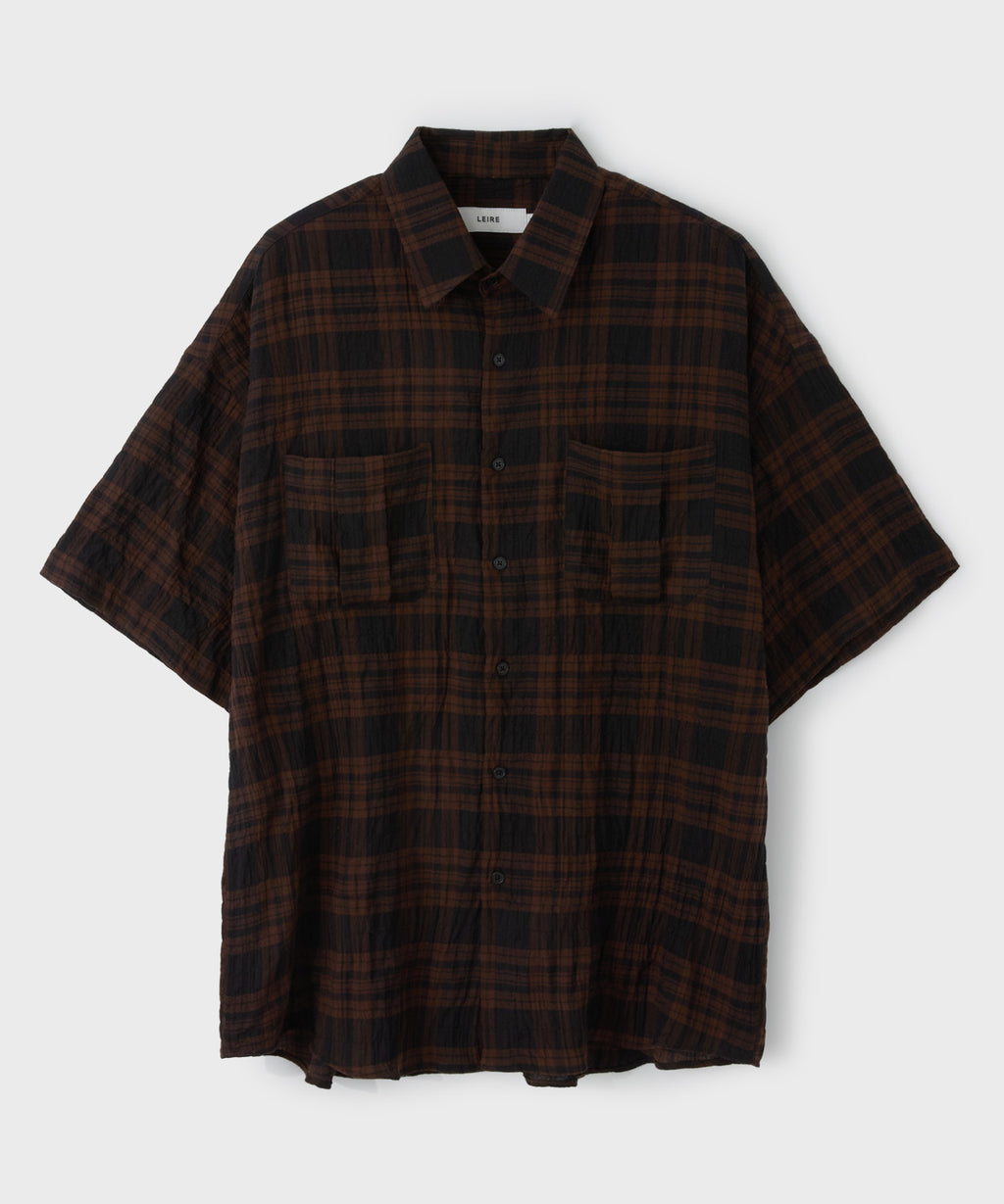 Two-Pocket Wrinkle Check Short Sleeve Shirt [Brown]