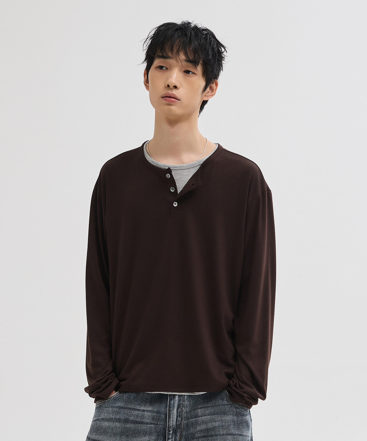 Soft Henley Neck Long Sleeve T-Shirt [Brown]