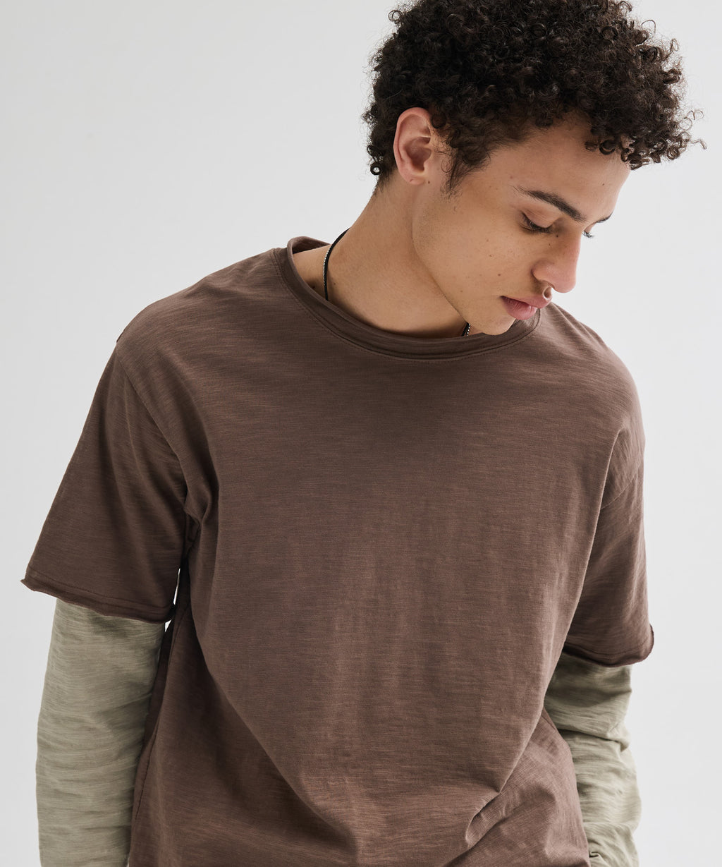 Cut-Off Layered Long Sleeve T-Shirt [Brown]