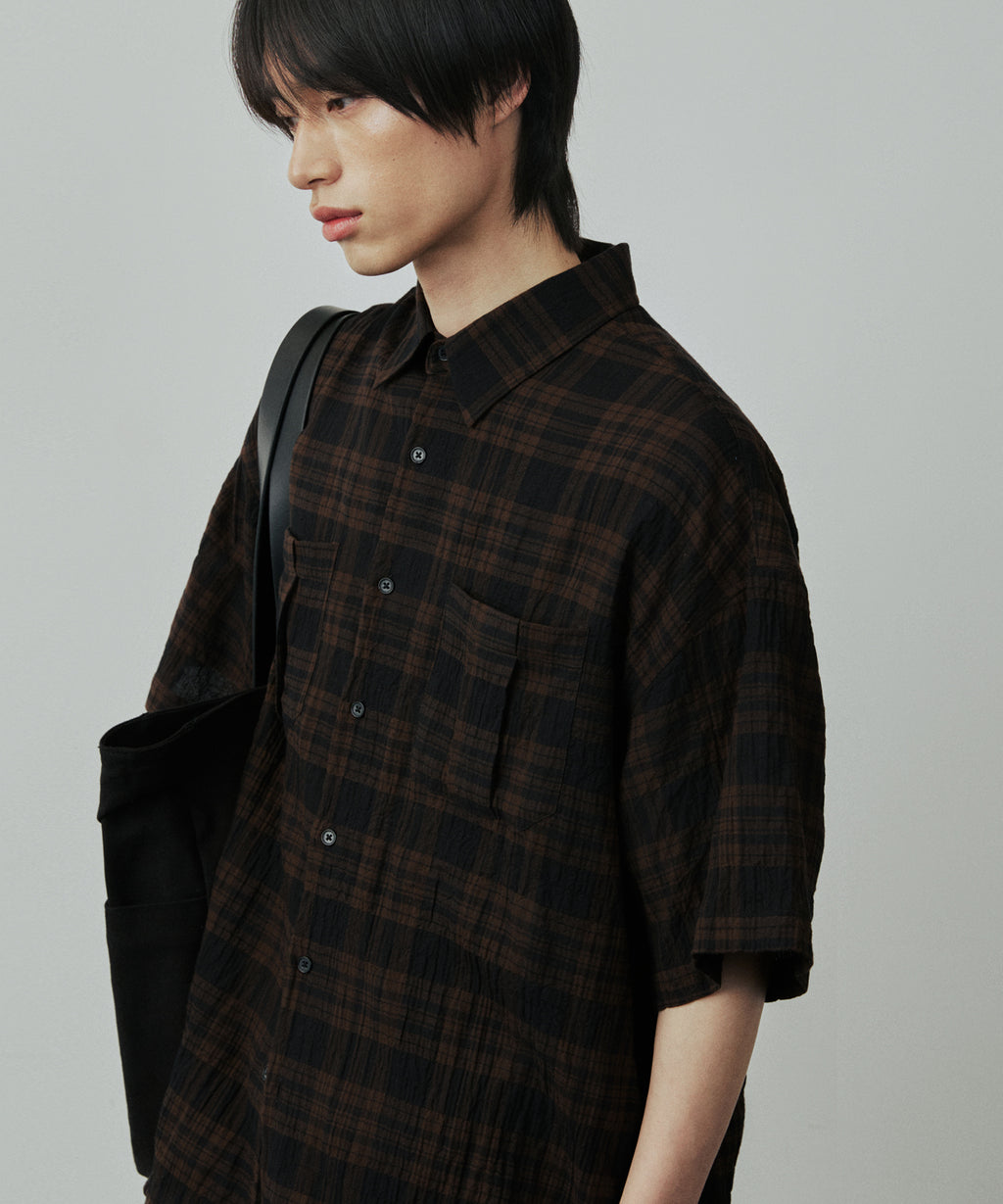 Two-Pocket Wrinkle Check Short Sleeve Shirt [Brown]