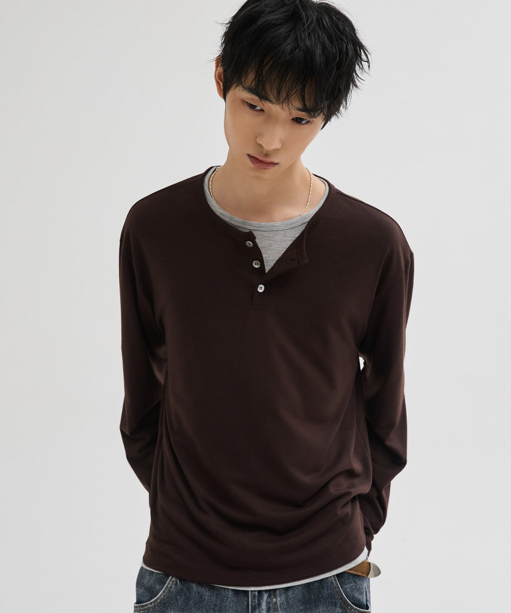 Soft Henley Neck Long Sleeve T-Shirt [Brown]