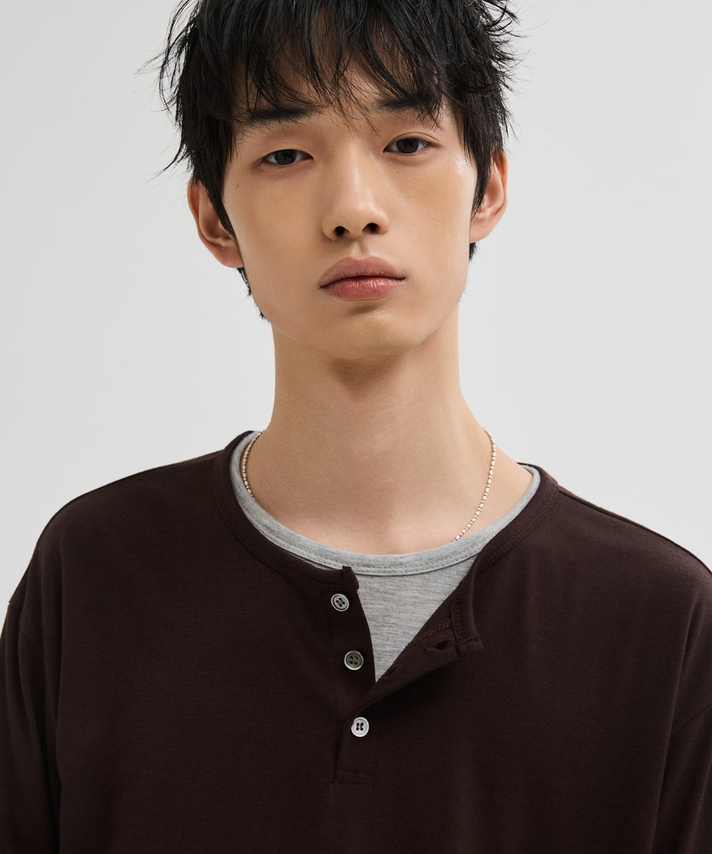 Soft Henley Neck Long Sleeve T-Shirt [Brown]