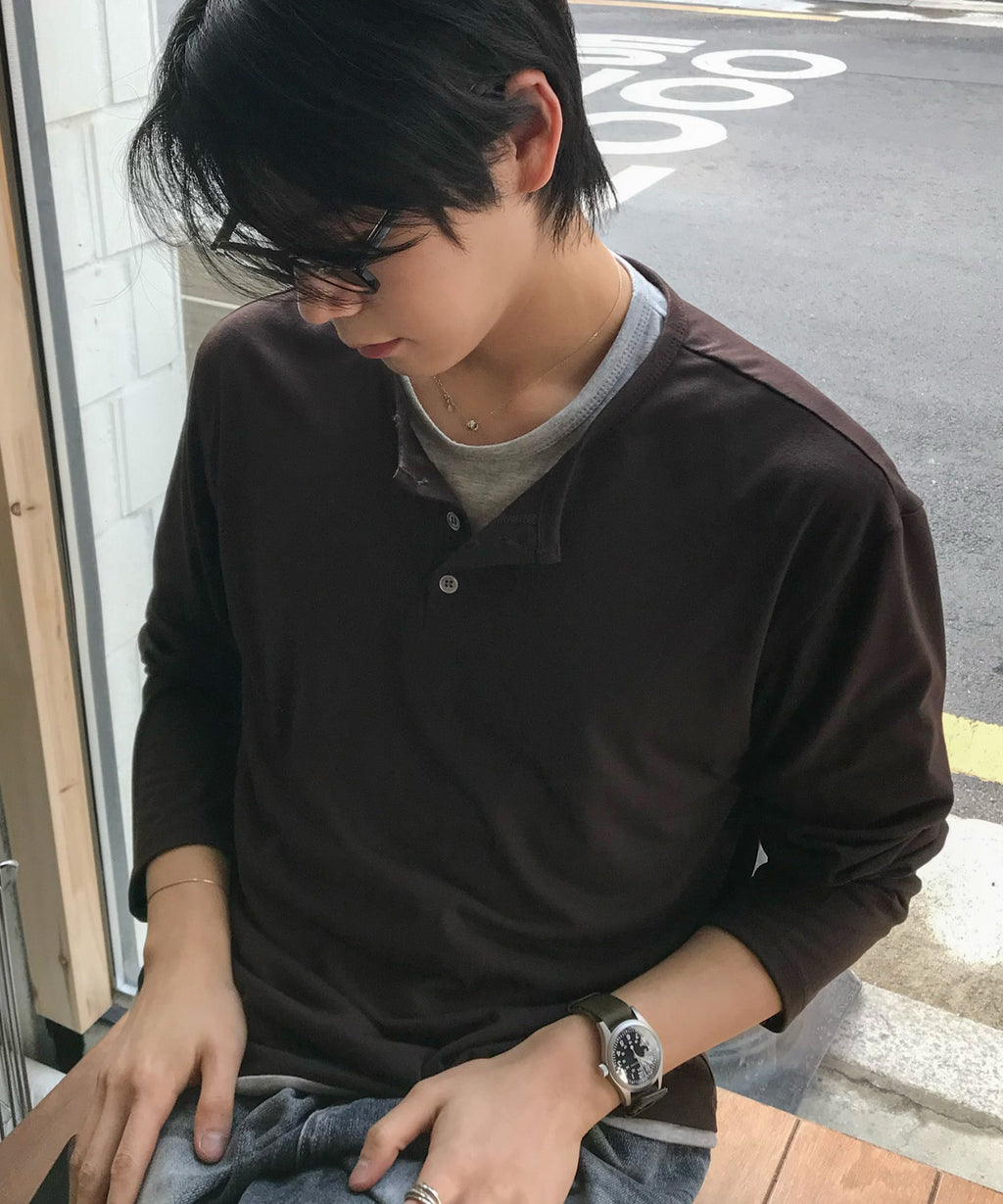 Soft Henley Neck Long Sleeve T-Shirt [Brown]