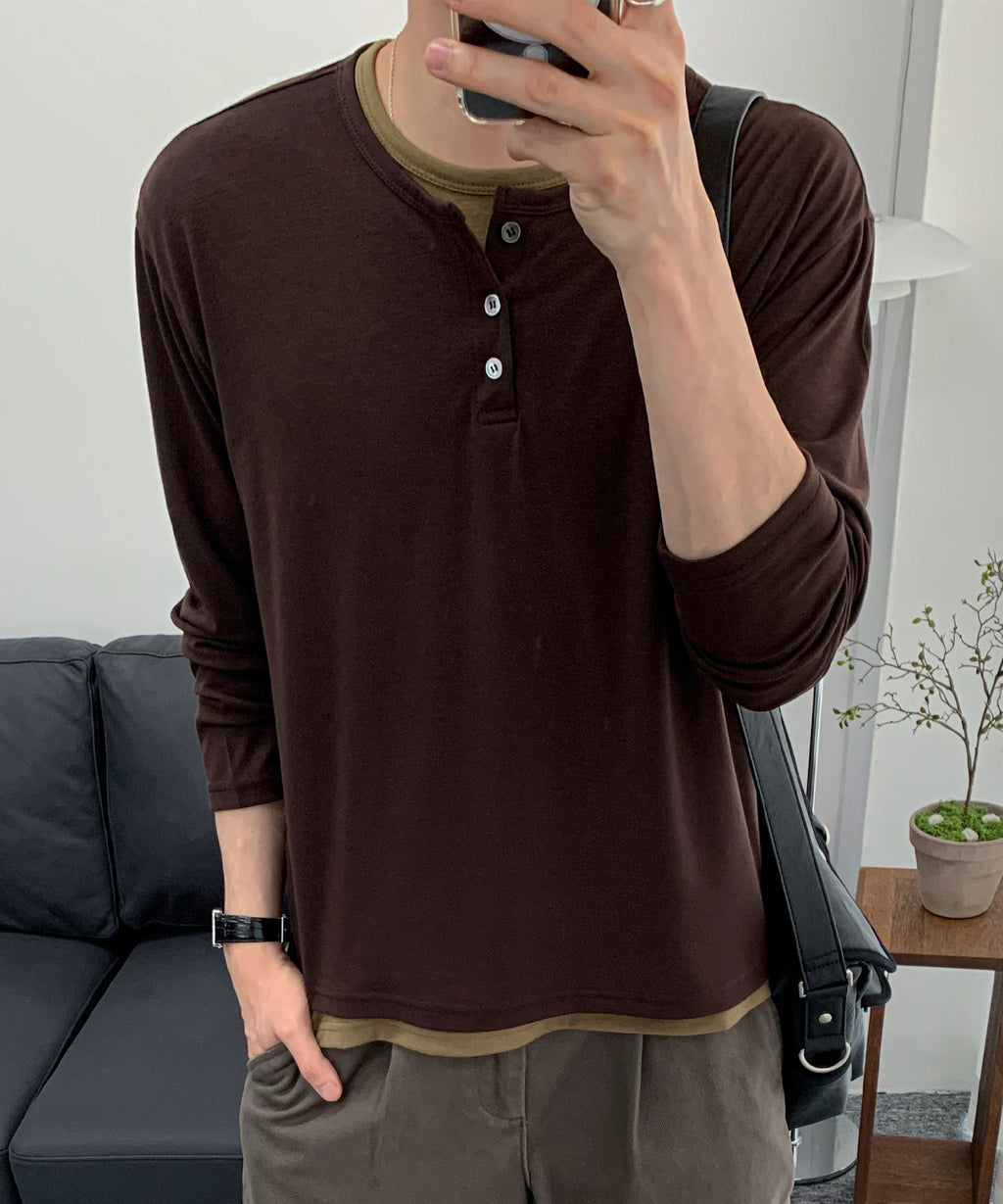 Soft Henley Neck Long Sleeve T-Shirt [Brown]