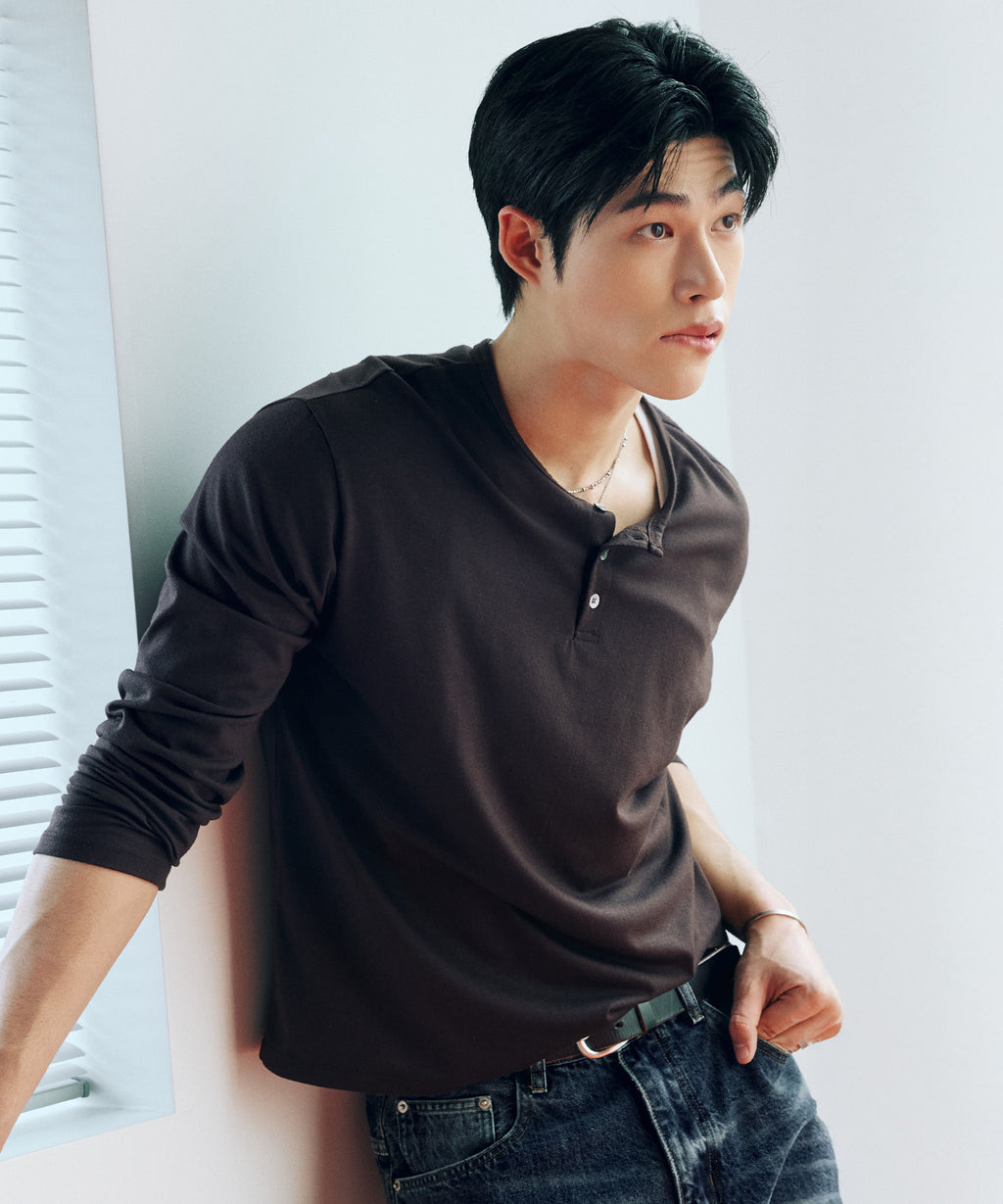 Soft Henley Neck Long Sleeve T-Shirt [Brown]