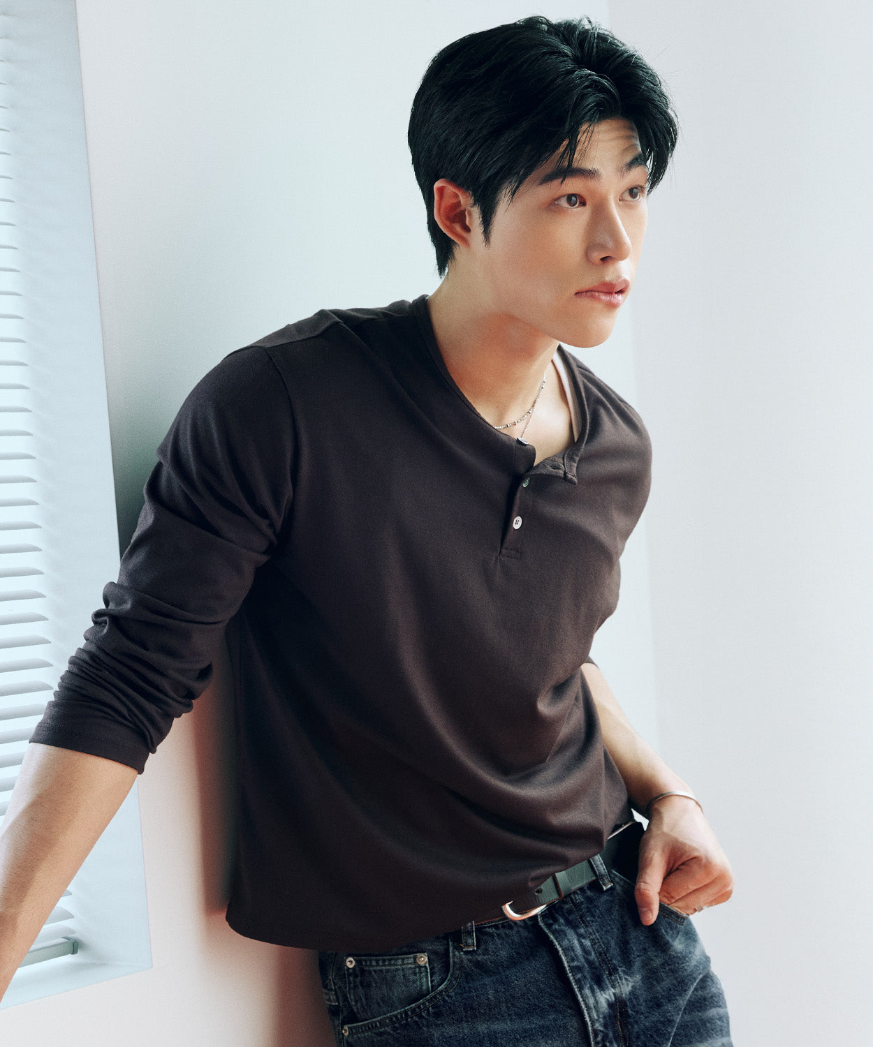 Soft Henley Neck Long Sleeve T-Shirt [Brown]