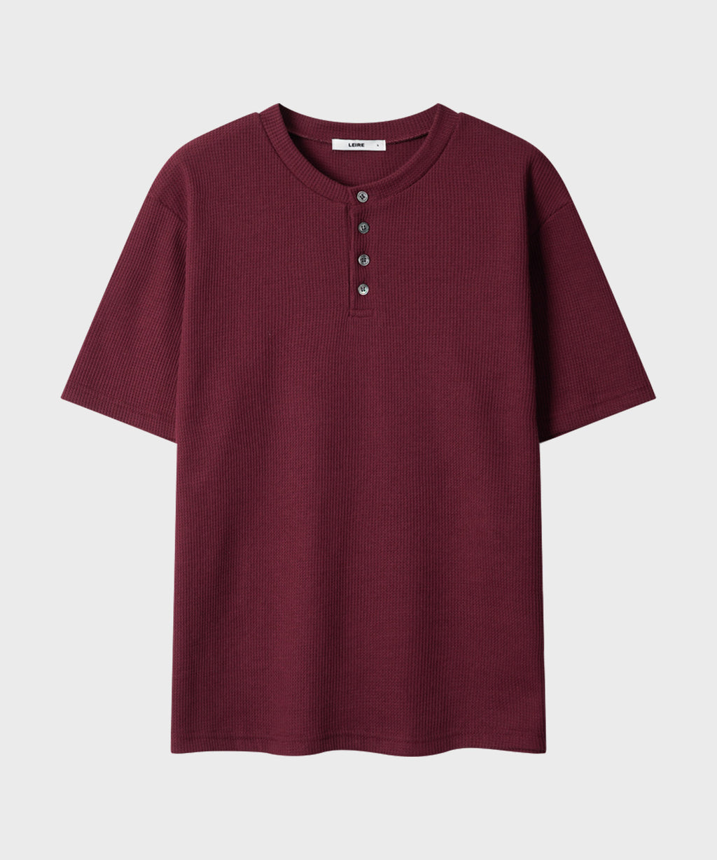 Waffle Henley Neck Semi-Crop T-Shirt [Burgundy]