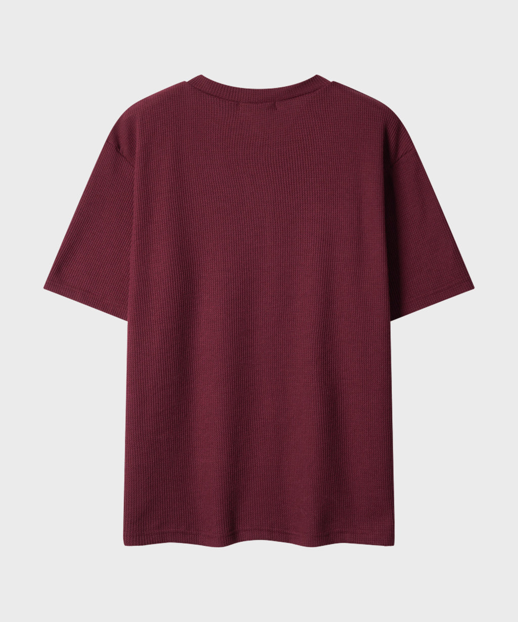 Waffle Henley Neck Semi-Crop T-Shirt [Burgundy]