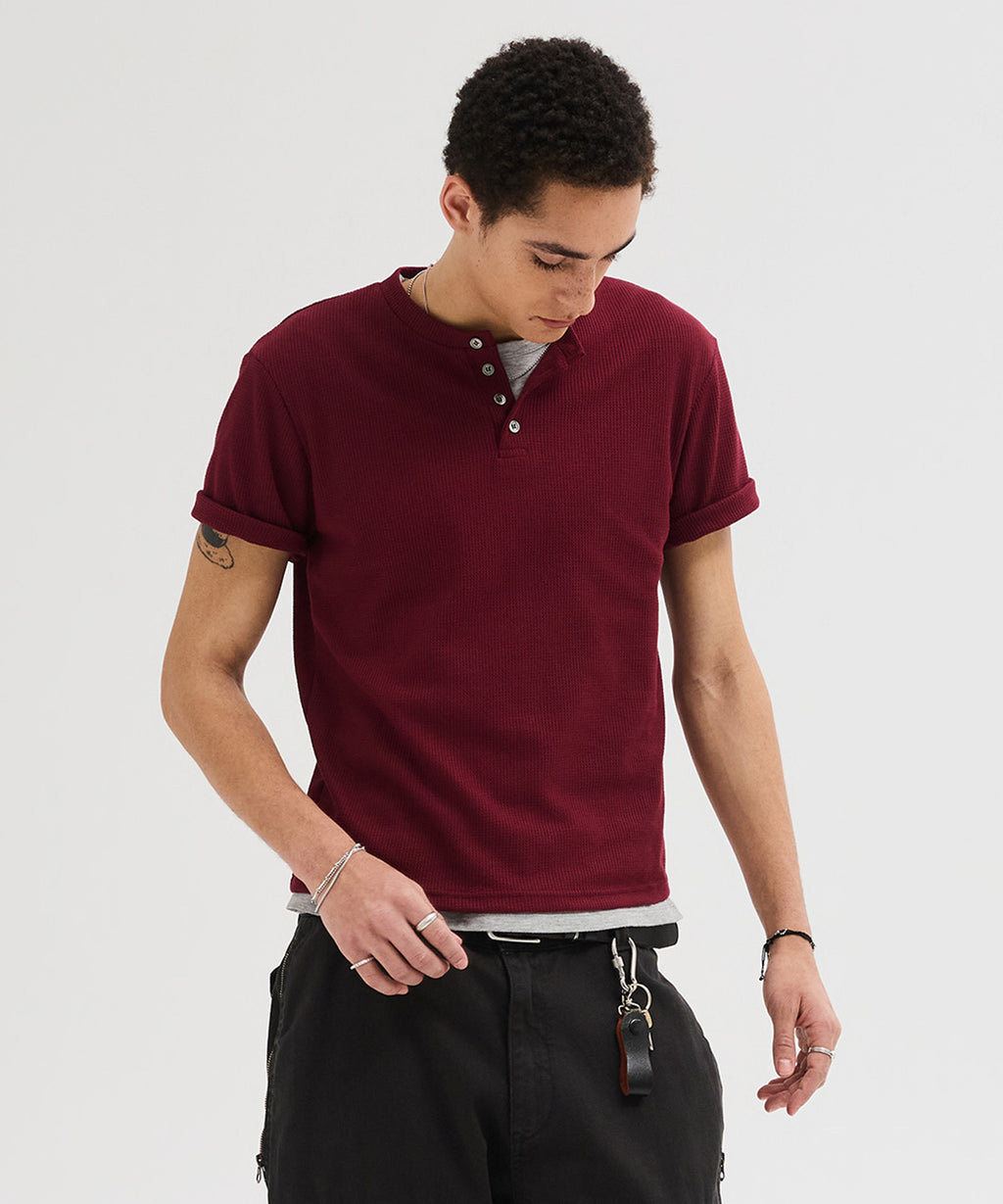 Waffle Henley Neck Semi-Crop T-Shirt [Burgundy]