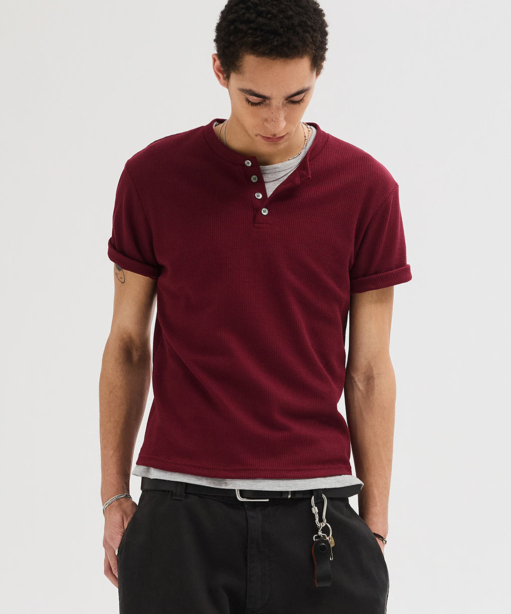 Waffle Henley Neck Semi-Crop T-Shirt [Burgundy]