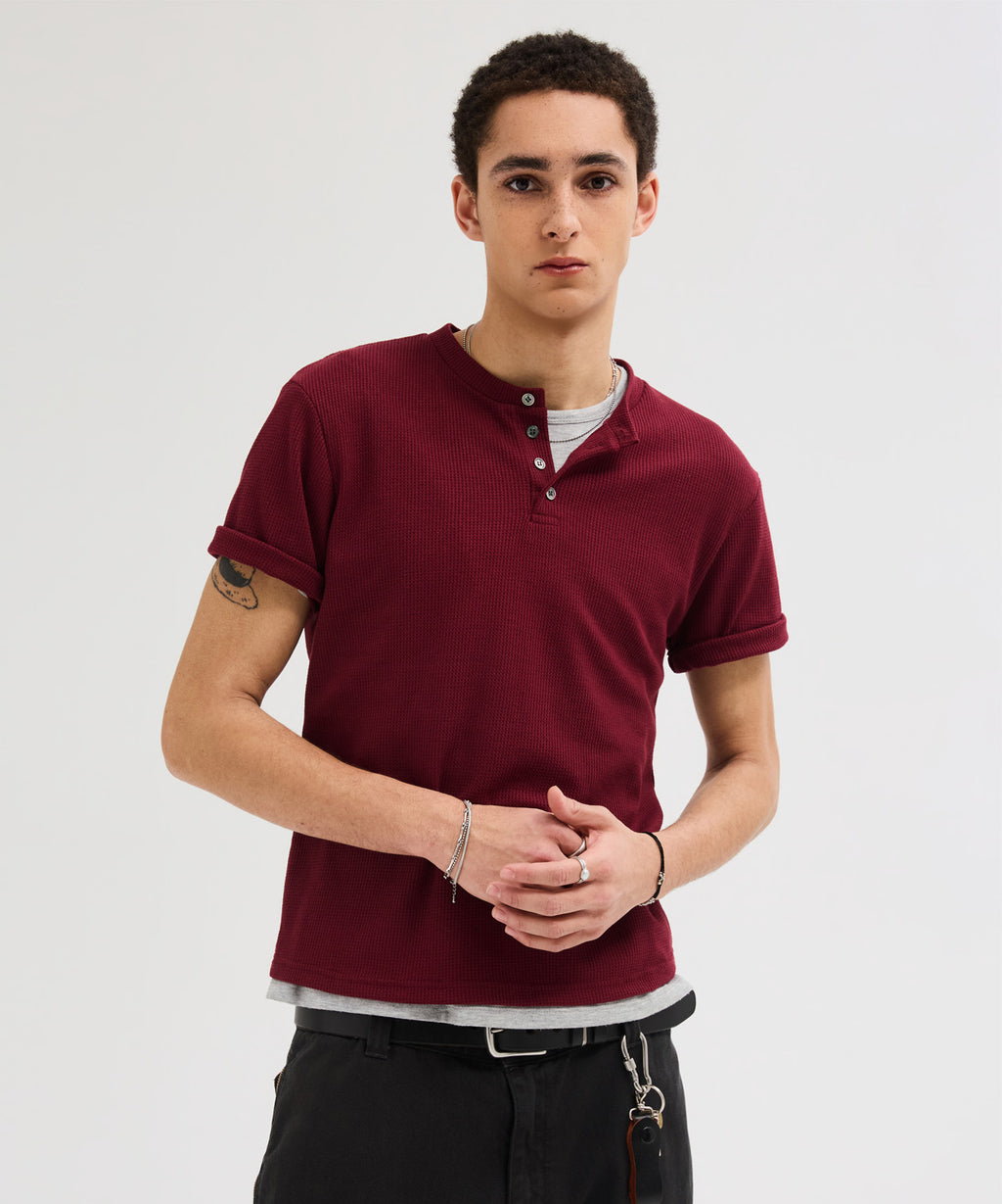 Waffle Henley Neck Semi-Crop T-Shirt [Burgundy]