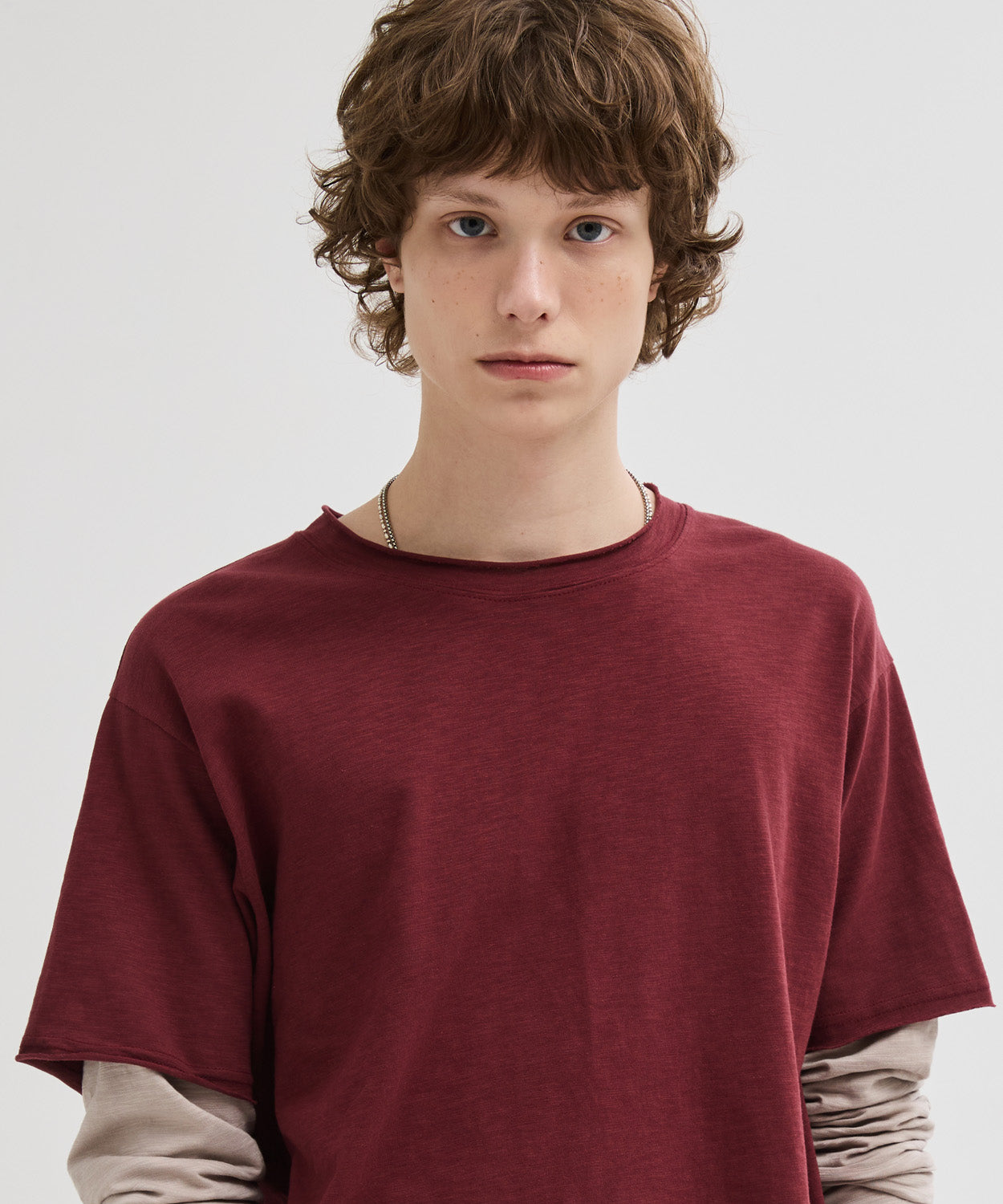 Cut-Off Layered Long Sleeve T-Shirt [Burgundy]