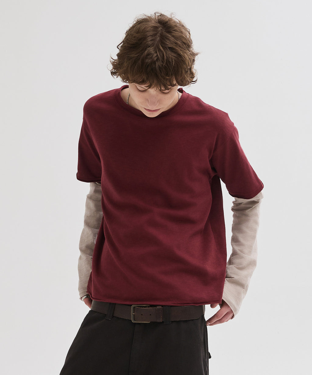 Cut-Off Layered Long Sleeve T-Shirt [Burgundy]