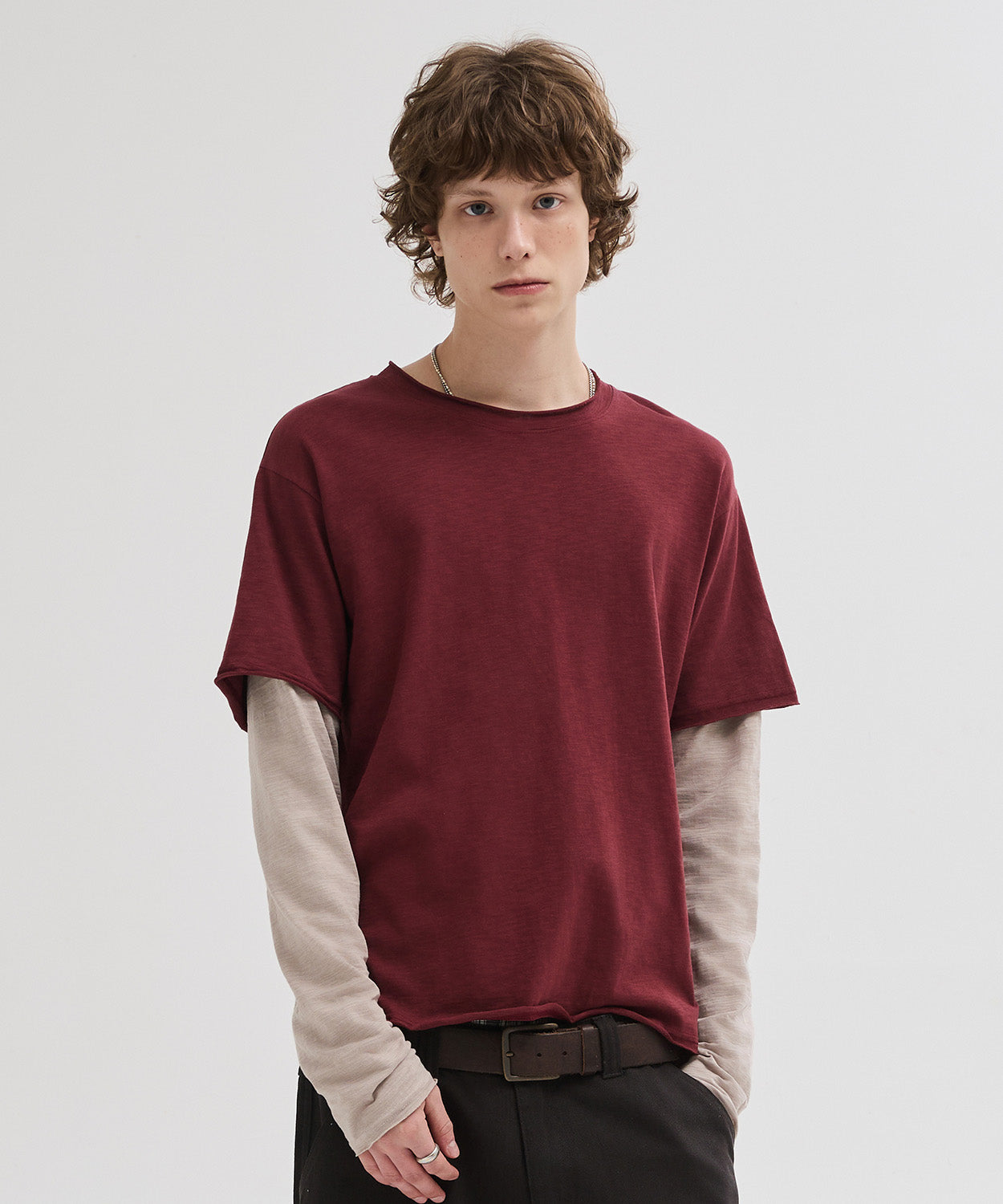 Cut-Off Layered Long Sleeve T-Shirt [Burgundy]
