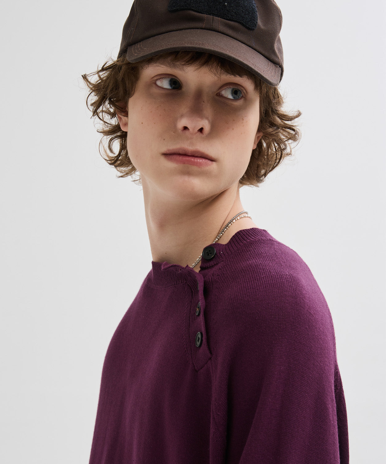 Diagonal Henley Neck Crop Knit [Burgundy]