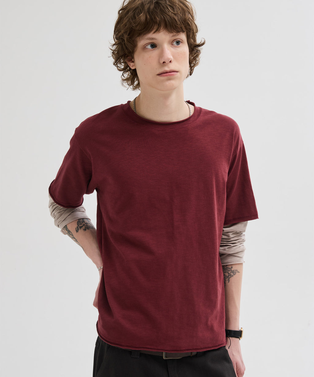 Cut-Off Layered Long Sleeve T-Shirt [Burgundy]