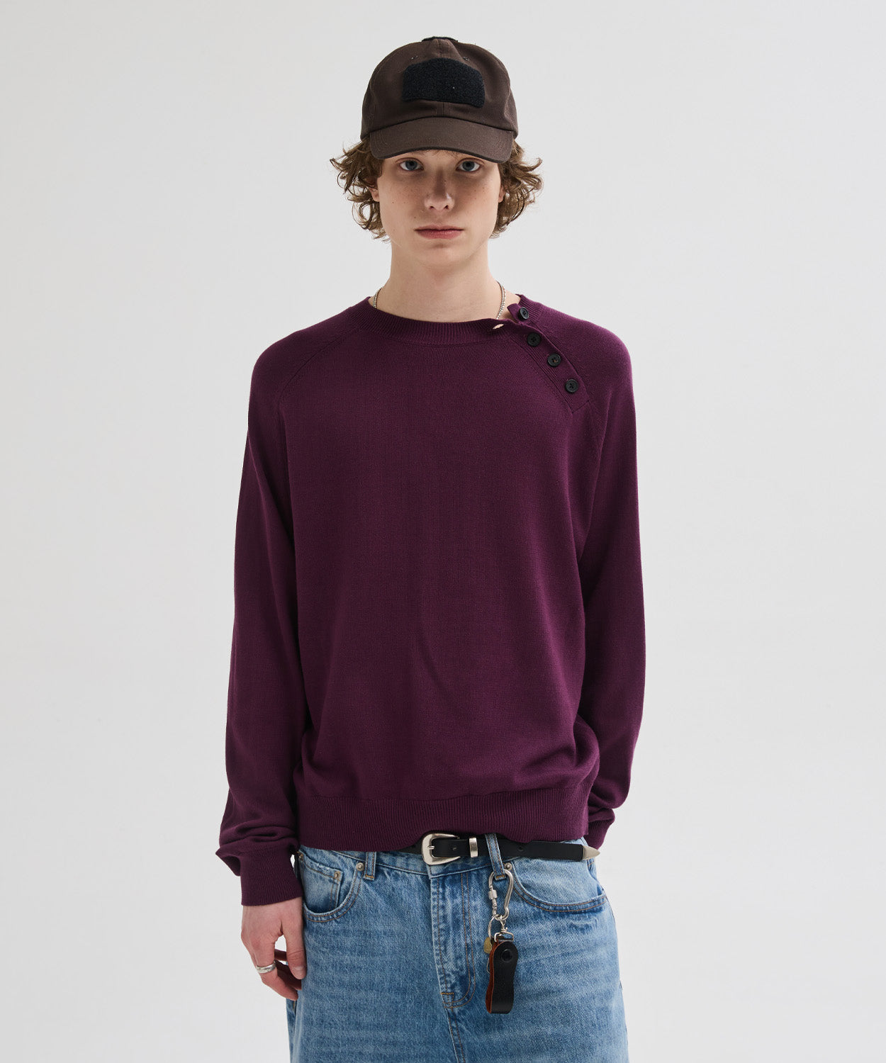Diagonal Henley Neck Crop Knit [Burgundy]